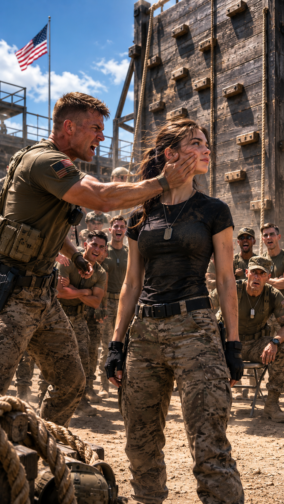 He slapped her for daring to sign up for the wall climb… then she just looked at the wall and smiled.