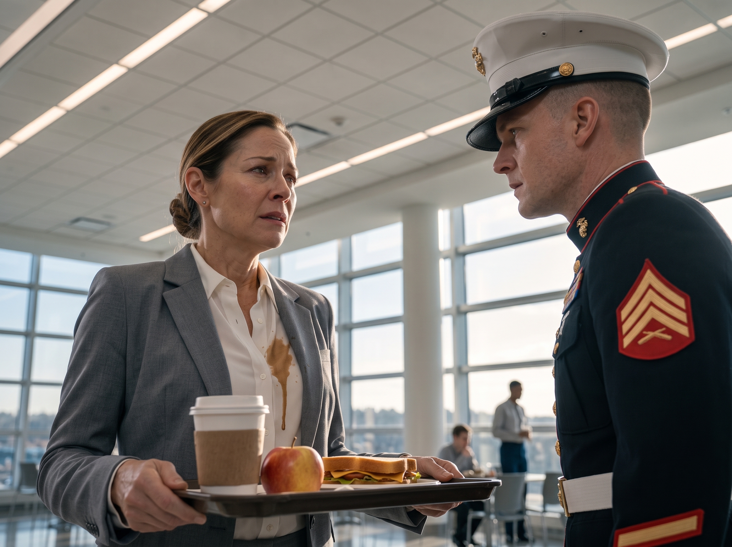 The coffee hit her blouse before anyone in the cafeteria realized the man had just destroyed his own career.