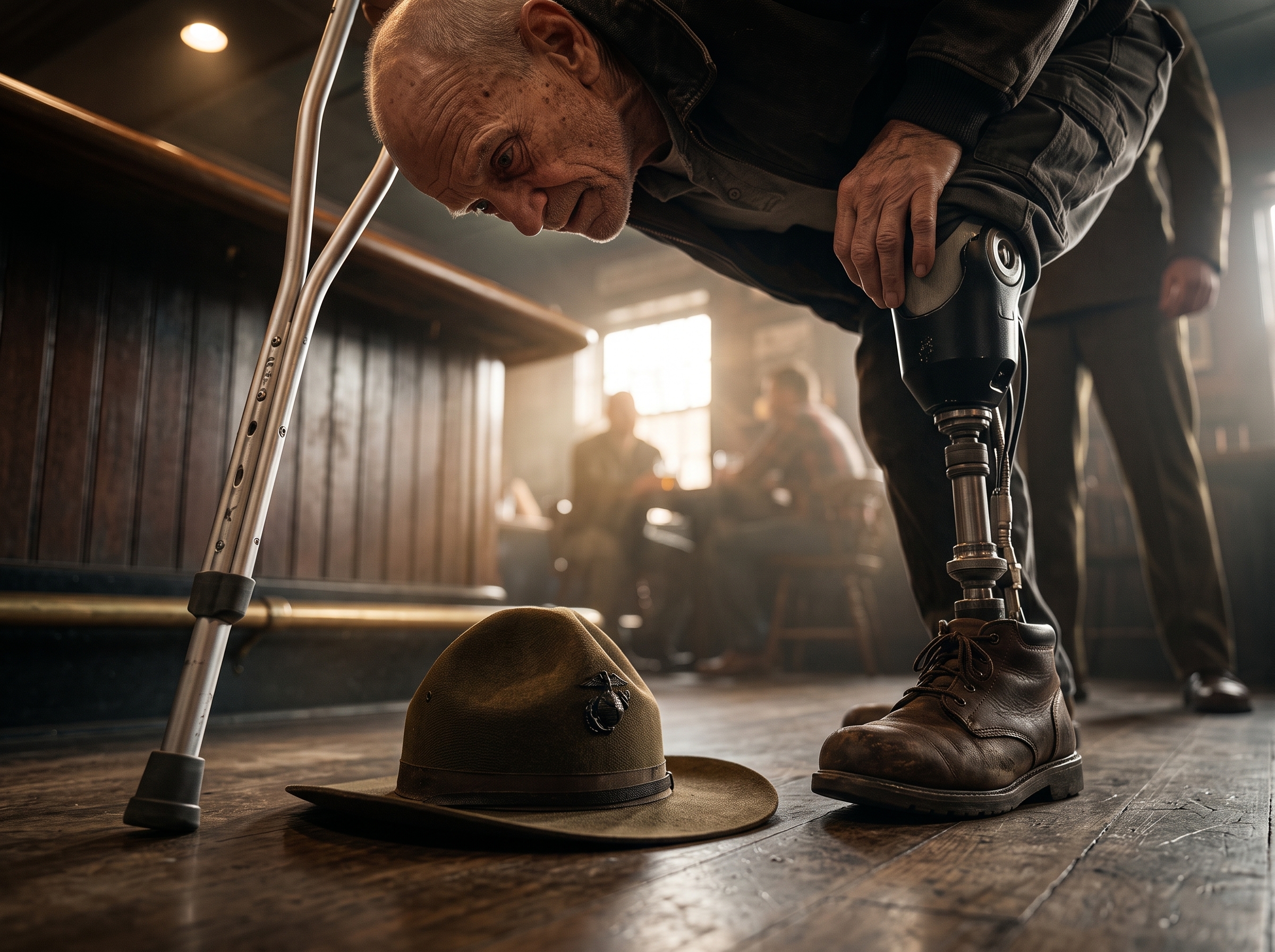 The young man knocked the old veteran’s cap onto the bar floor and laughed like the whole country belonged to him.