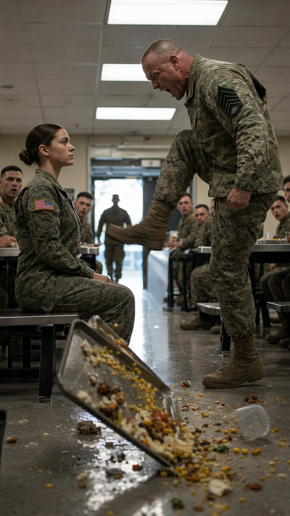 The sergeant kicked the table she was eating at… but she still did not stand up.
