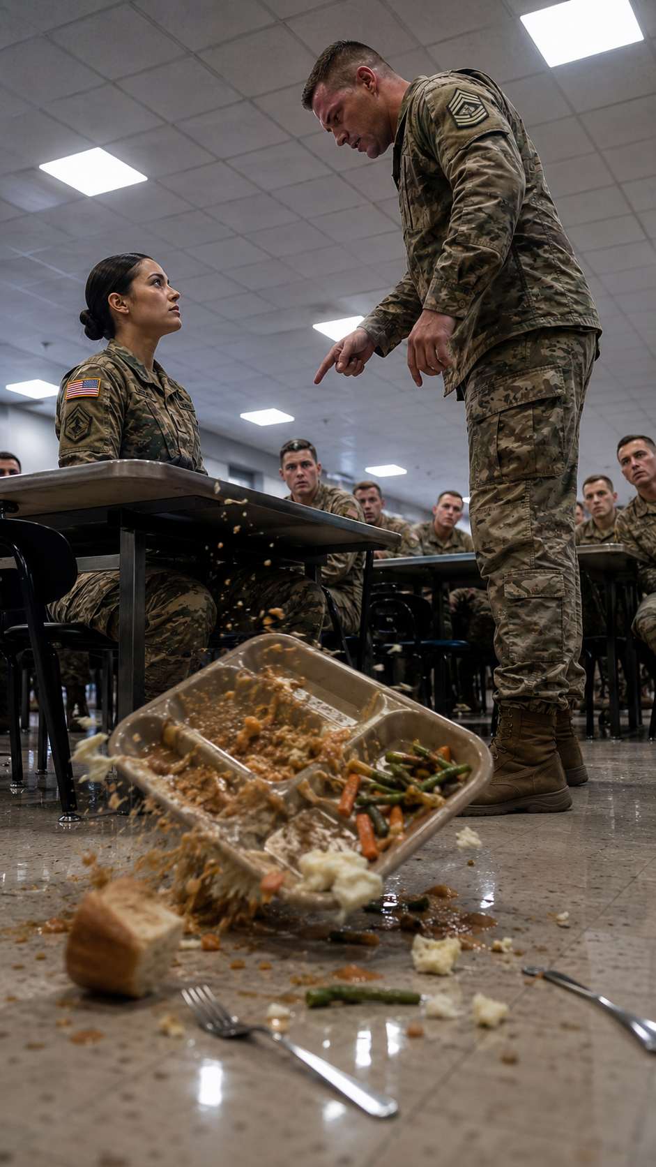 He flipped her meal tray in front of everyone… but didn’t notice the room had already gone quiet for him.