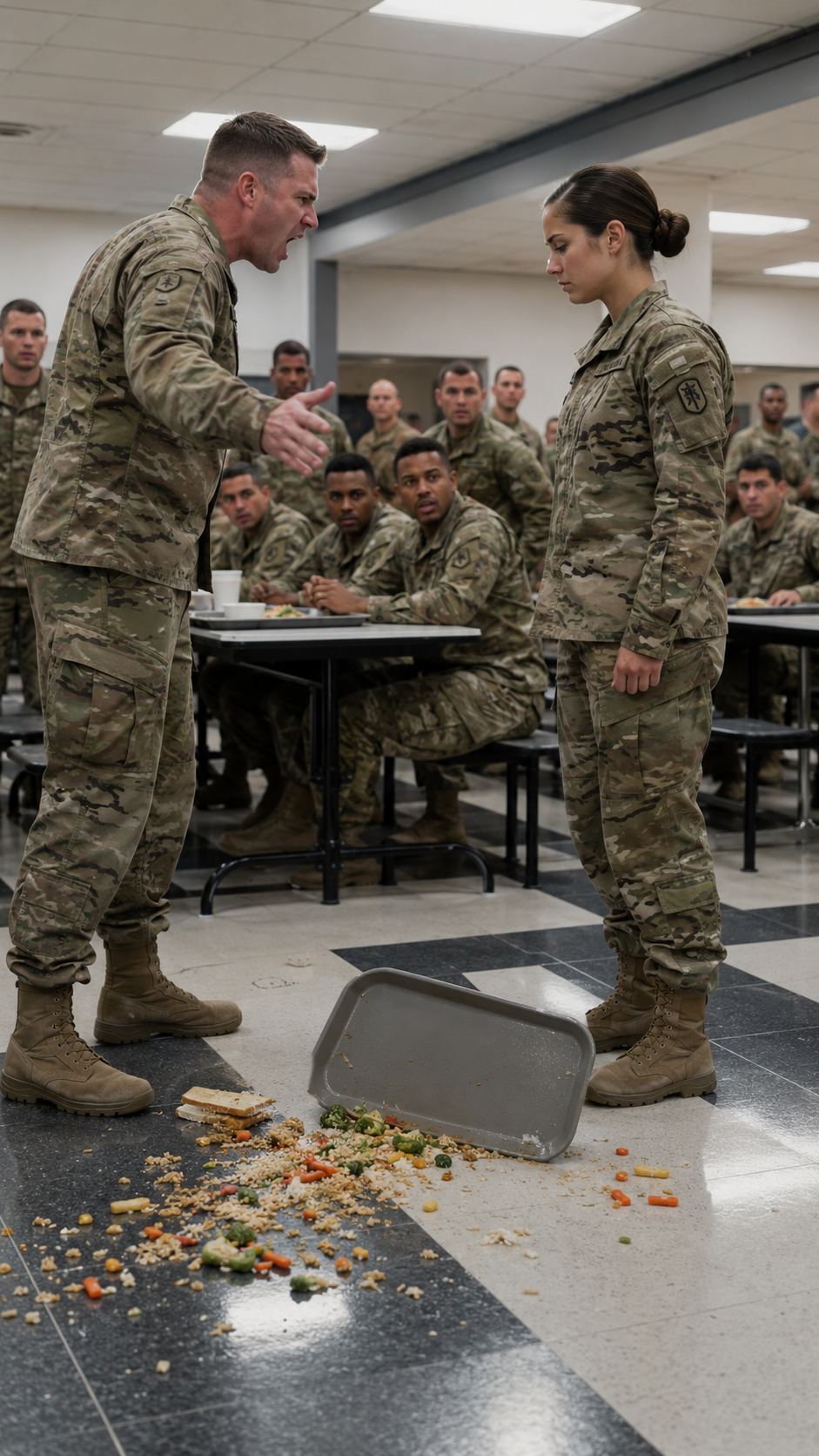 He knocked the new female soldier’s meal tray onto the floor… but didn’t know the entire base was waiting for her in the command room.