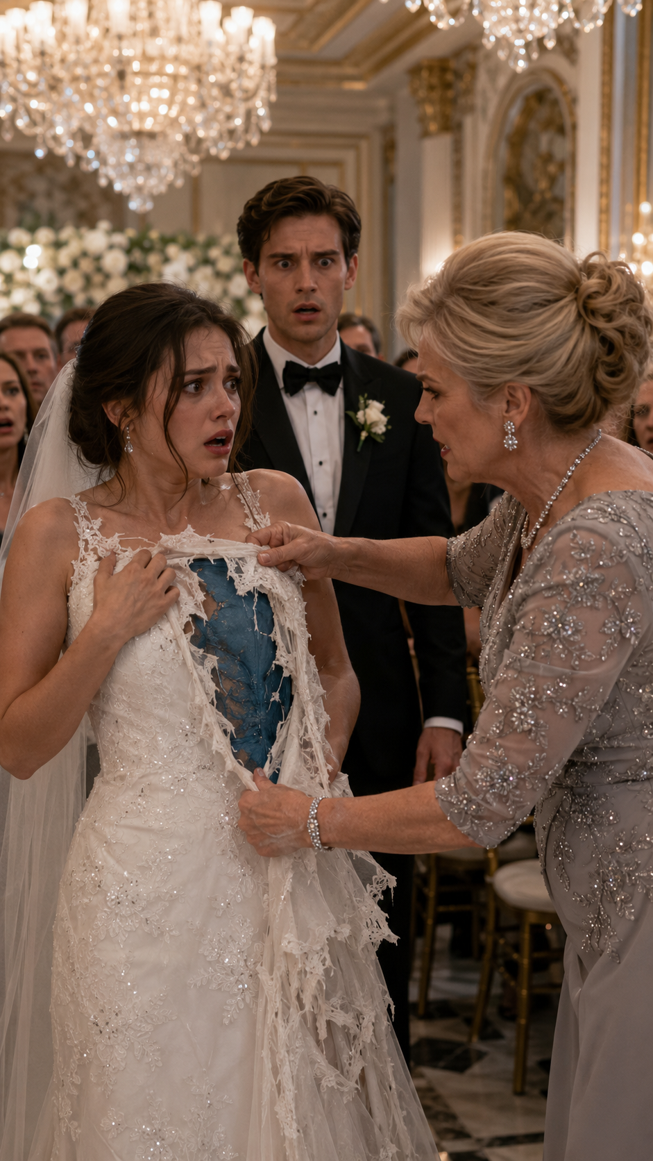 The mother-in-law tore the poor bride’s handmade wedding dress… but the hidden fabric inside made the groom’s father drop to his knees.