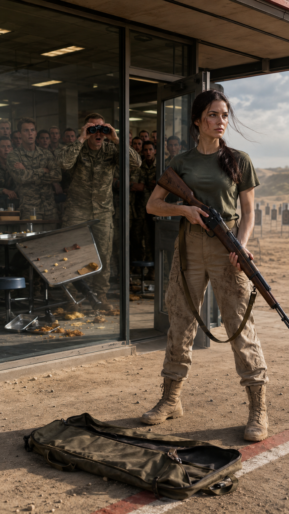 The girl was eating before the shooting test… then the sergeant kicked her table and challenged her to walk onto the range.