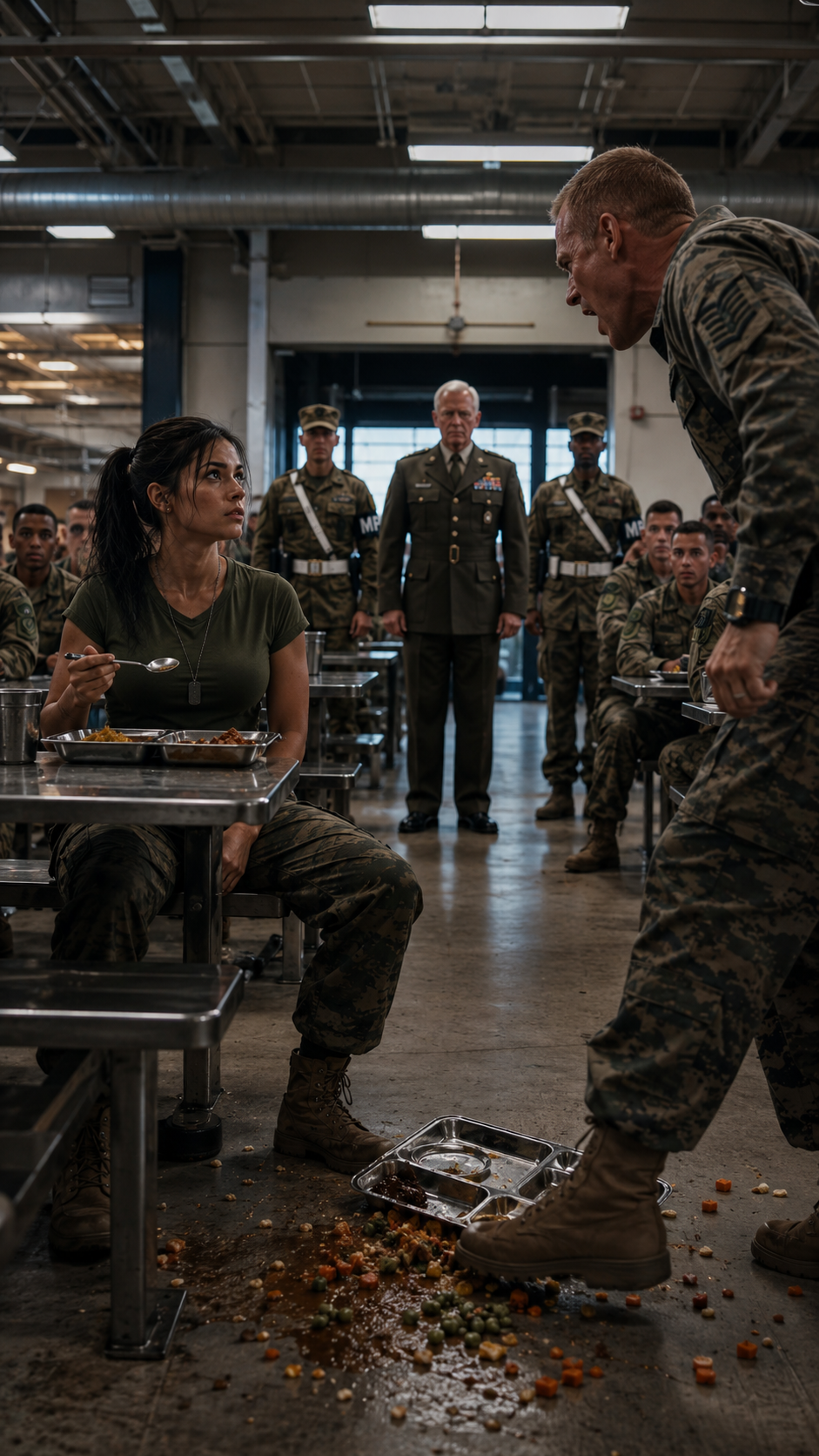 A strange girl was eating alone in the mess hall… then the sergeant kicked the table out from in front of her.
