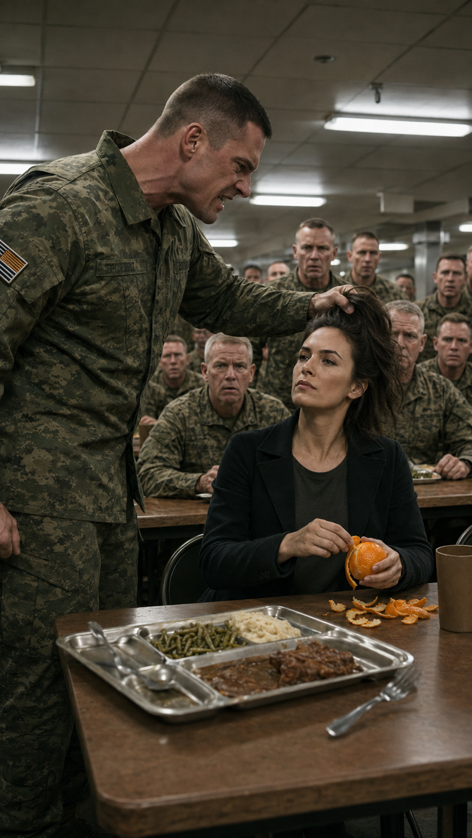 “He thought he was dragging a stranger by the hair… until every veteran in the mess hall stood up like they had seen a ghost.”