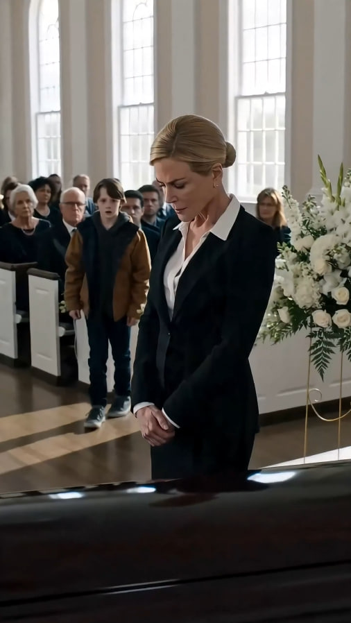 “A boy walked into a private funeral and said the man in the casket was his father… but the widow froze because his mother had told him one more thing: she already knew.”