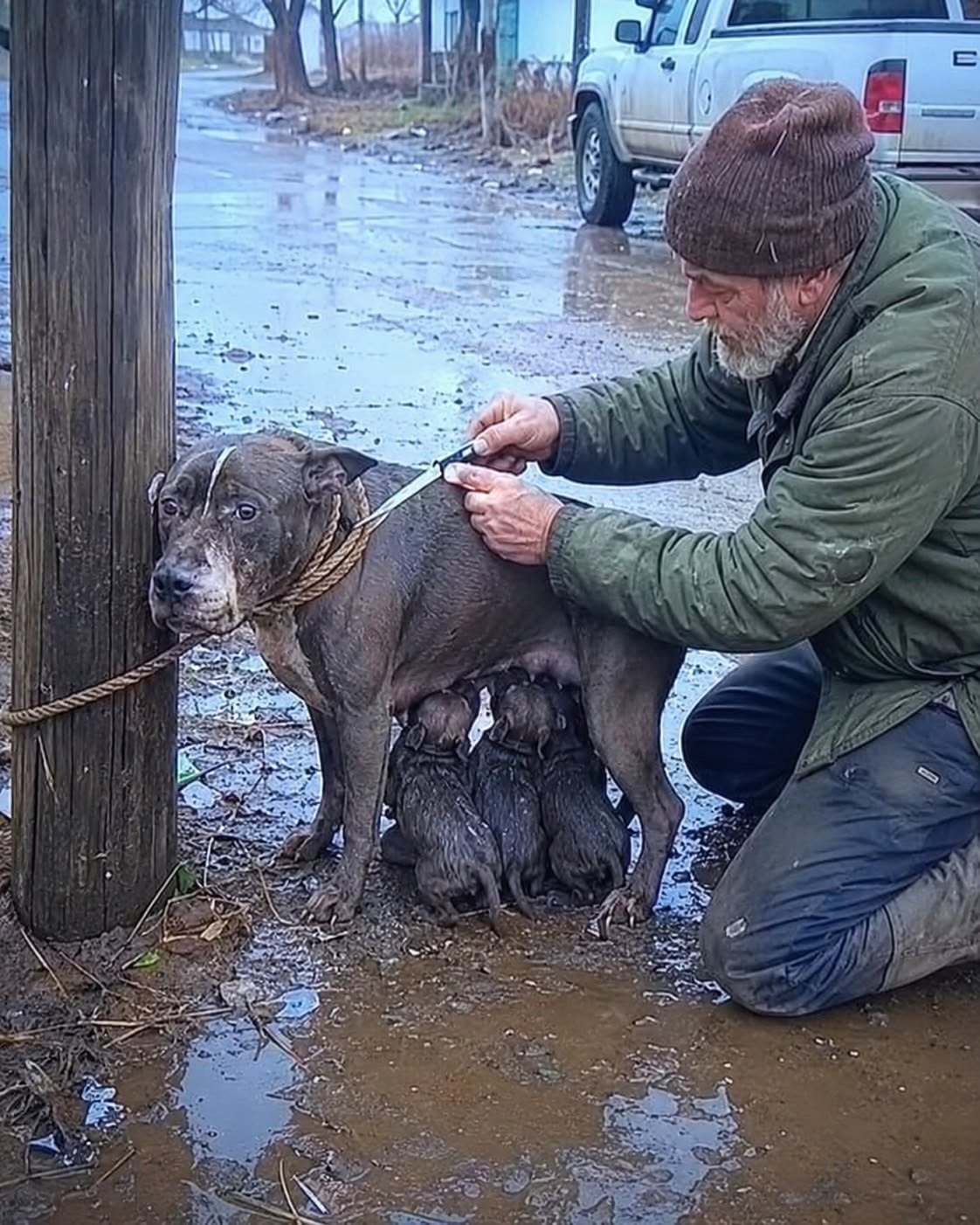 An Old Man Cut the Rope From a Freezing Mother Dog—But She Refused to Leave Until He Found What Was Hidden Beneath Her
