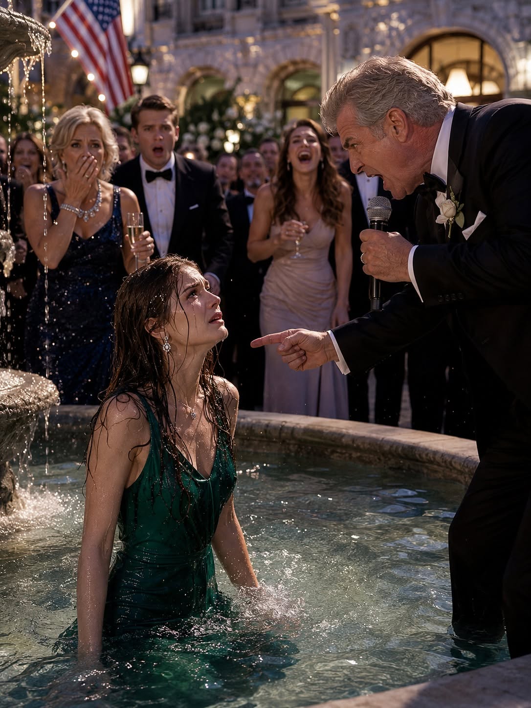 My father humiliated me in front of hundreds of wedding guests and pushed me into the fountain. He thought he had won… until the man I’d kept secret for three years walked into the reception.