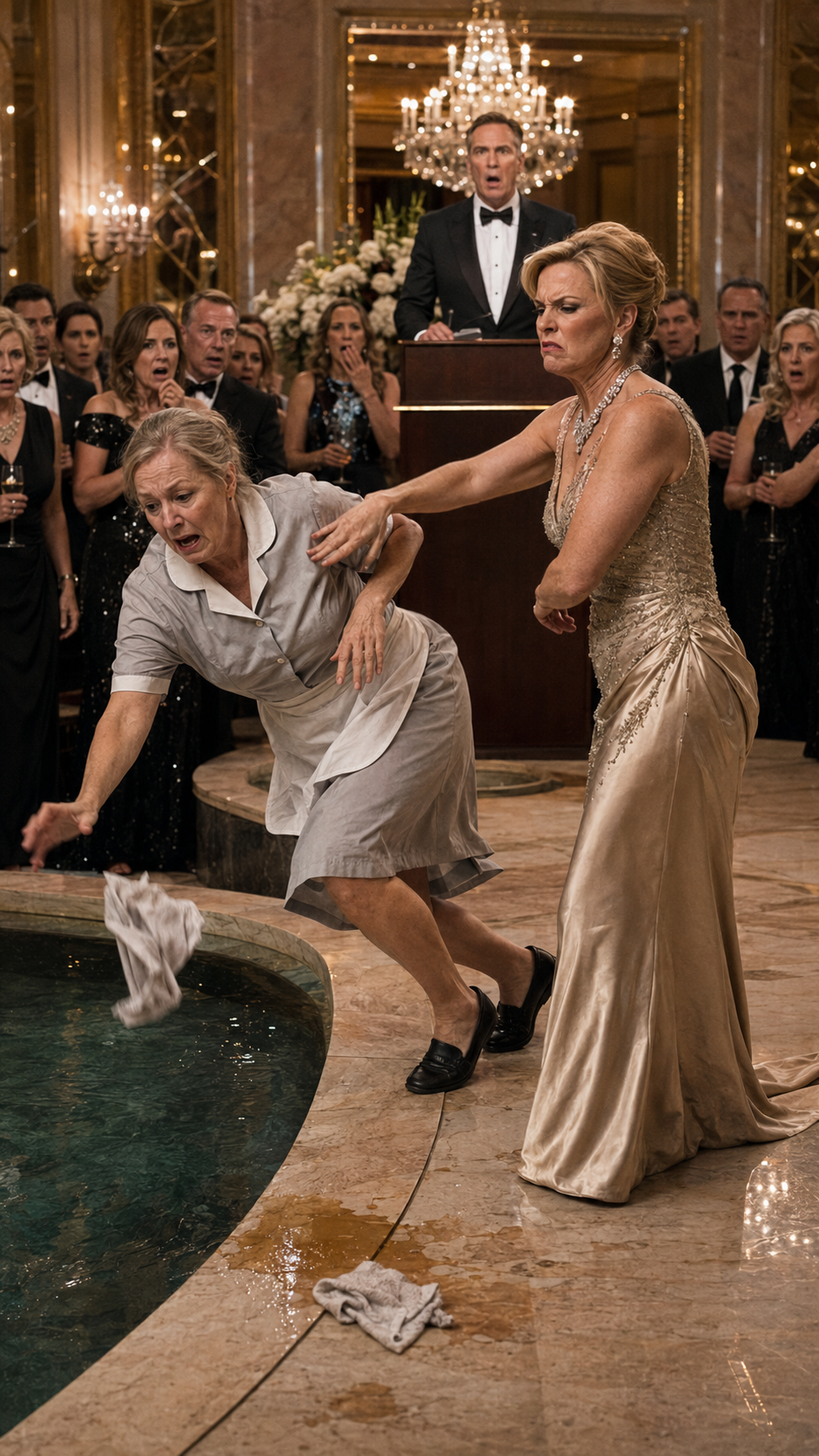 “She shoved the old janitor into the hotel pond… then the charity chairman called her Mother.”