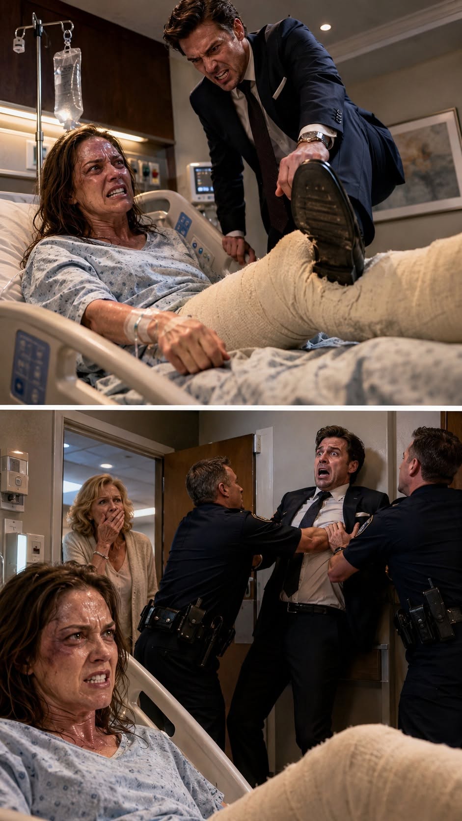 A hospitalized woman secretly records her husband crushing her shattered leg and confessing that he caused her crash while his horrified mother watches the live feed from outside the locked room.