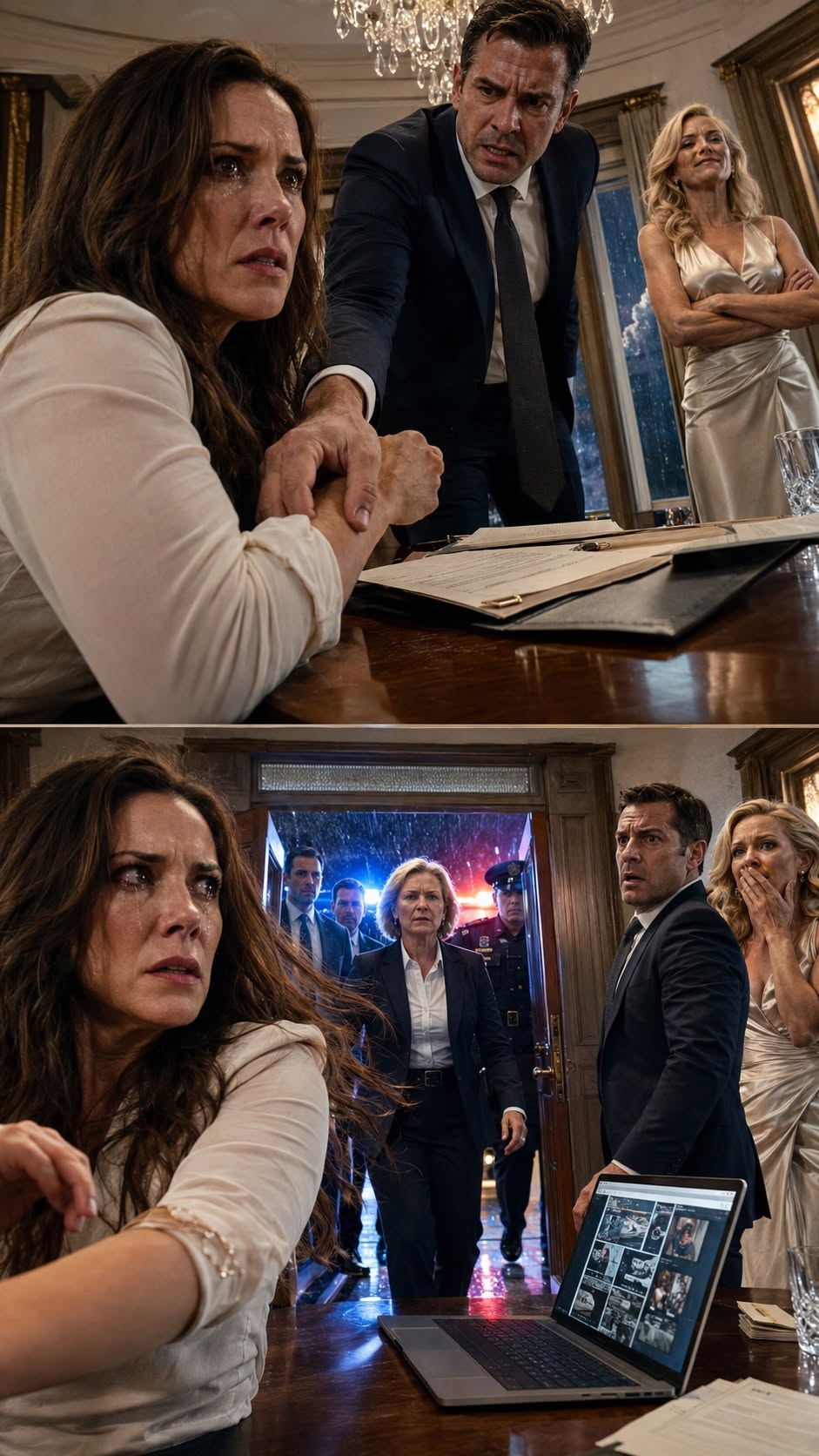 A grieving heiress discovers her husband and his sister forged documents to seize her inheritance, then calls the powerful trustee he fears while someone begins opening the locked dining room door.