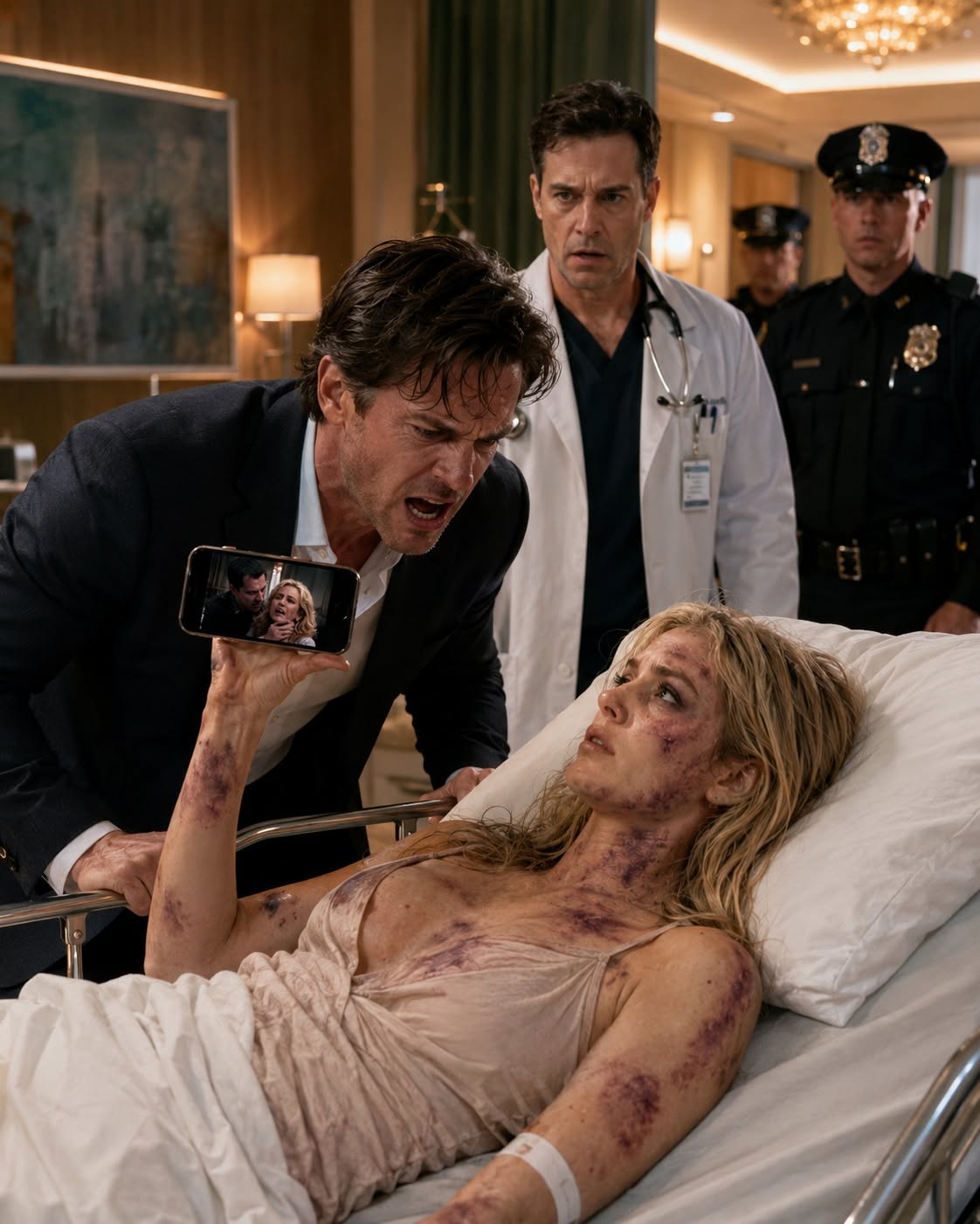 An abused wife reveals her husband’s secret recordings from a hospital bed, but his terror deepens when she hints that the visible evidence is only the beginning.