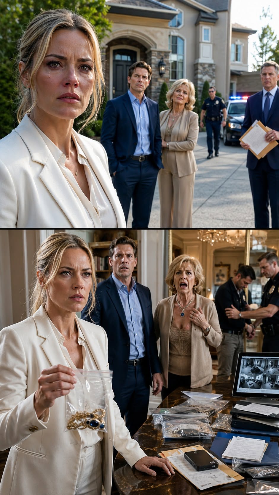 A wealthy woman catches her husband and mother in law breaking into her mansion to steal jewelry and secret company files.