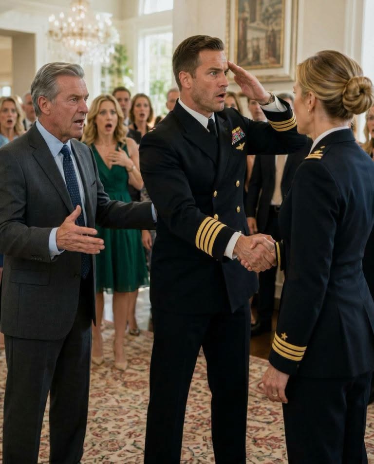 A father mocks his daughter’s Navy career until his future son in law recognizes her uniform and salutes her as an admiral before the entire family.