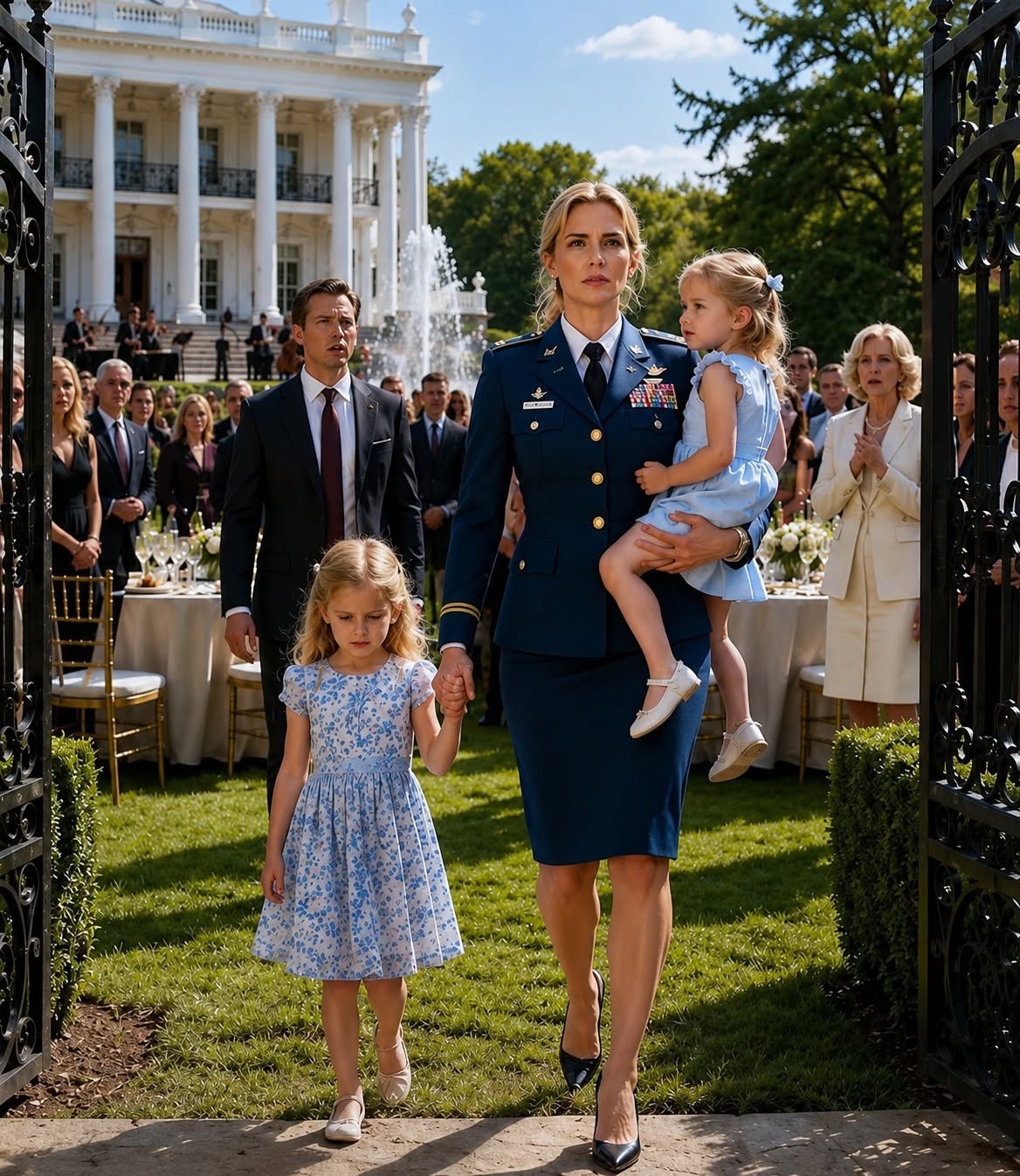A senior Army officer silently leaves a lavish family celebration with her two daughters after her mother in law takes away their meals and her husband publicly refuses to defend them.
