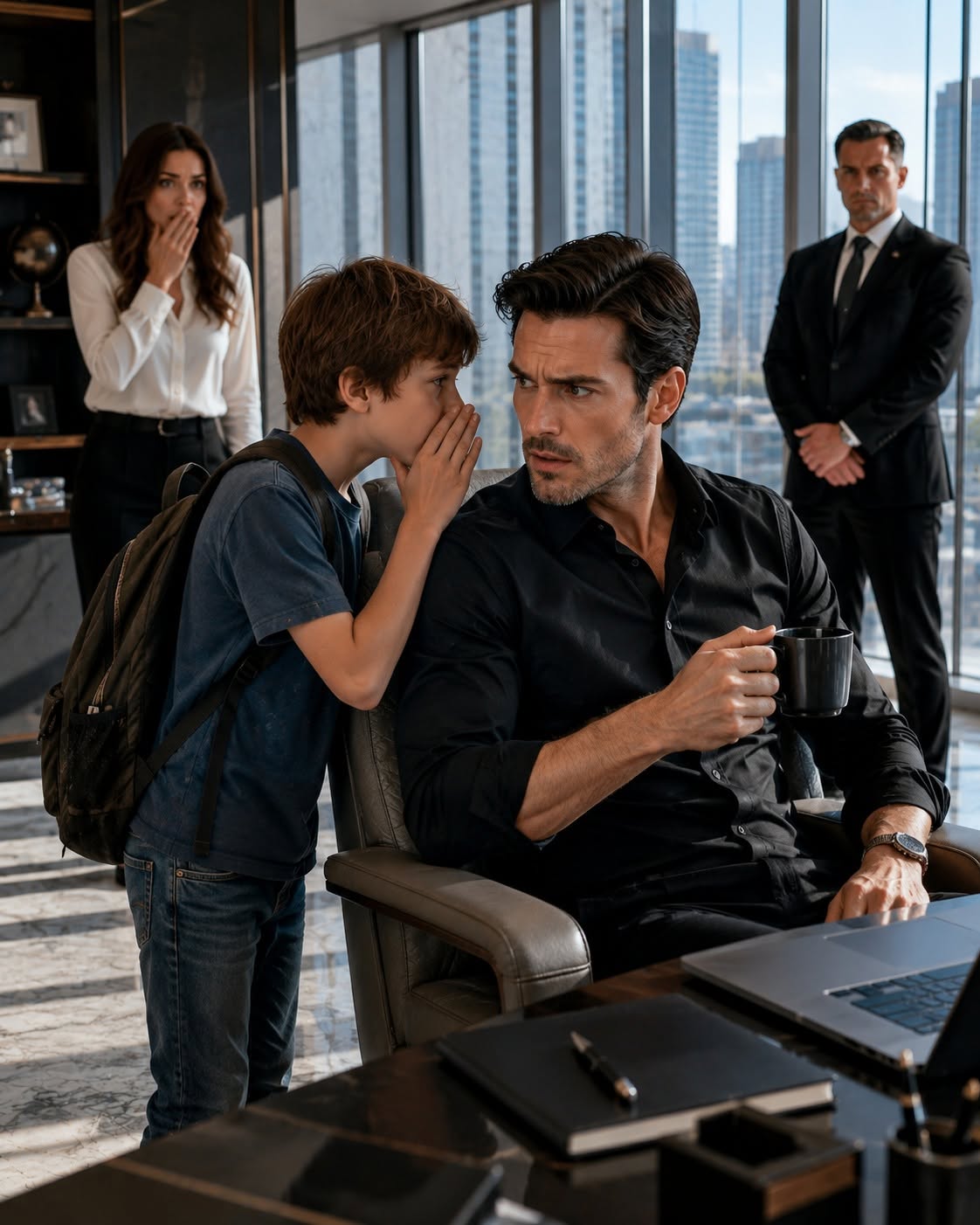 “A billionaire CEO was about to take his morning coffee… until a young boy leaned in and whispered, ‘Please don’t drink that.’”