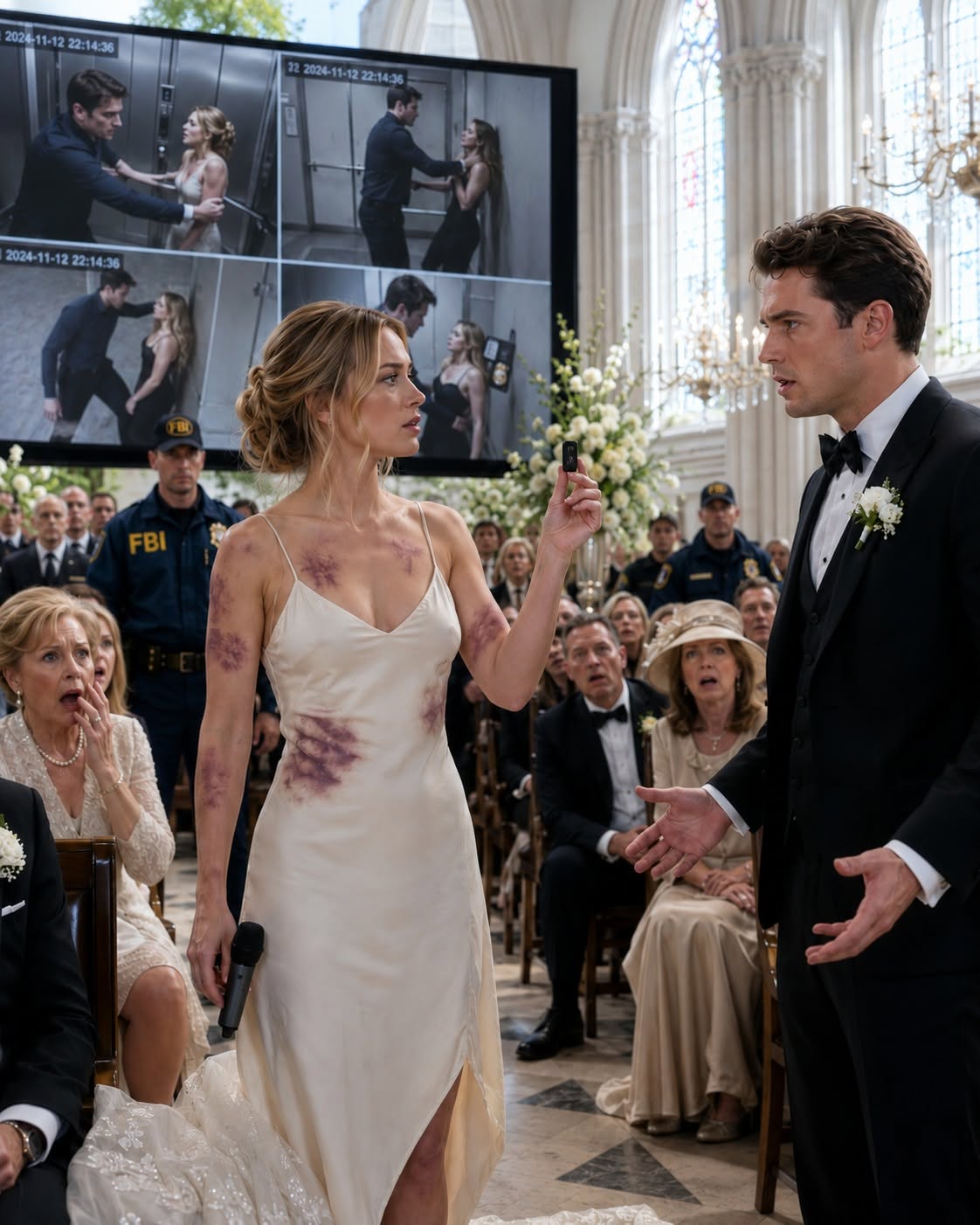Bruised Bride Exposes Her Abusive Groom During Their Luxury Cathedral Wedding Before Federal Agents Play His Hidden Confession Proving He Sabotaged Her Fathers Car and Arrest Him in Front of Four Hundred Horrified Guests