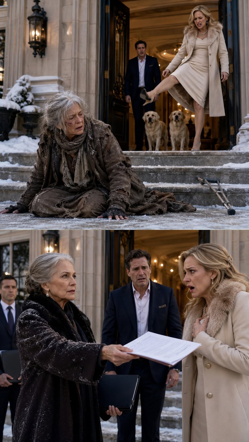 My Daughter in Law Kicked a Helpless Old Woman Down Her Frozen Steps—Then I Removed My Disguise and Evicted Her From My Mansion