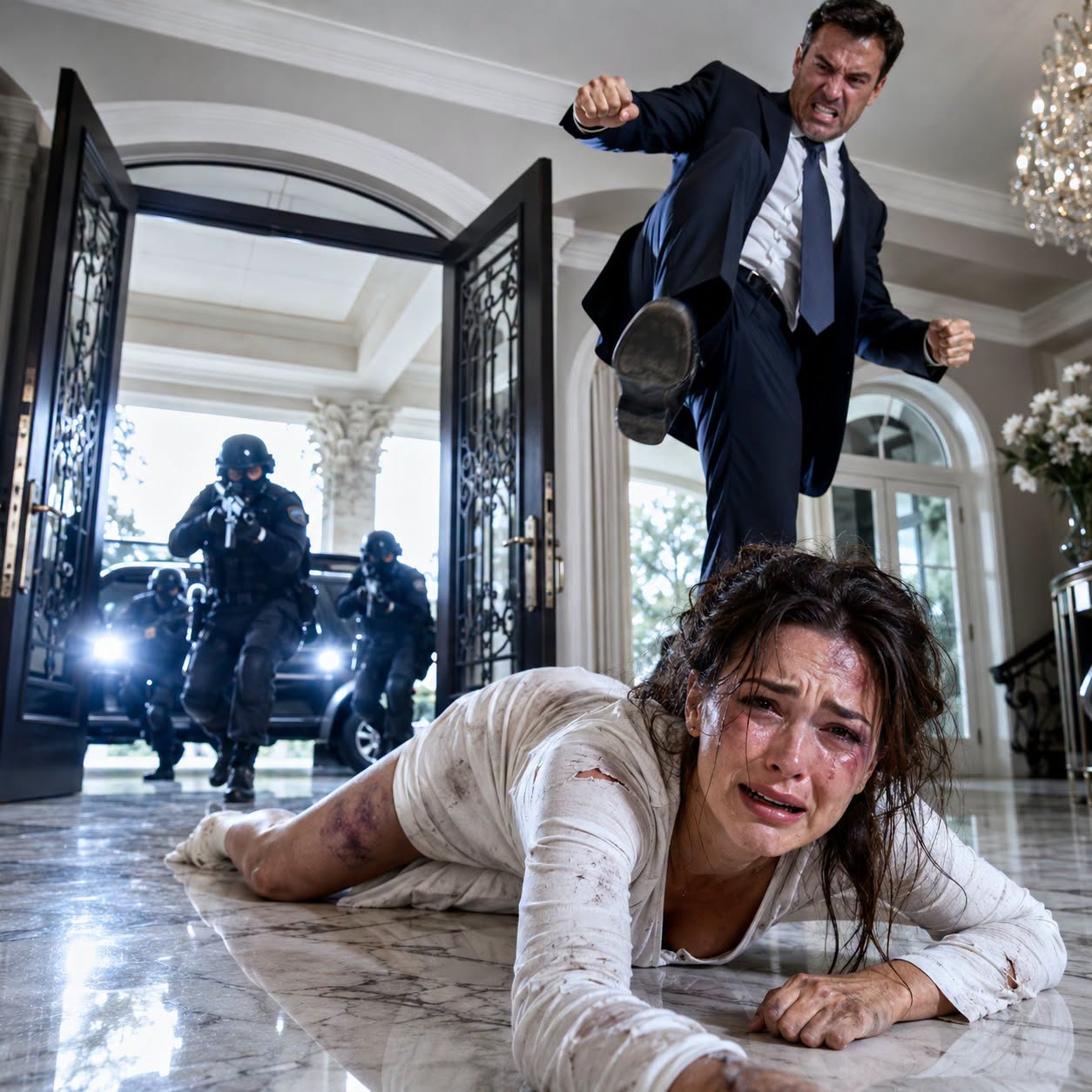 Abusive Husband Raises His Foot Over His Injured Wife Just as Her Family Security Team and Former General Counsel Storm the Mansion With the Evidence That Can Strip Away His Fortune and Power