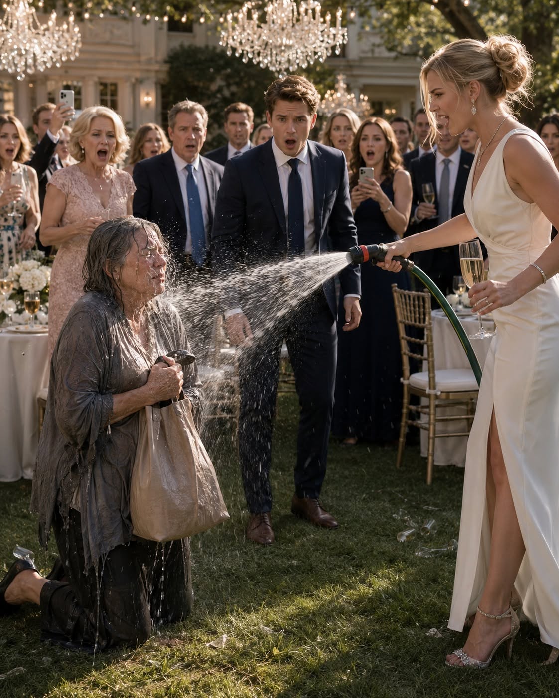 At Her Sons Luxury Nashville Engagement Party A Cruel Fiancée Sprays A Soaked Older Woman With A Hose Before Learning The Beggar She Mocked Is His Mother And The Company Board Has Been Watching Everything