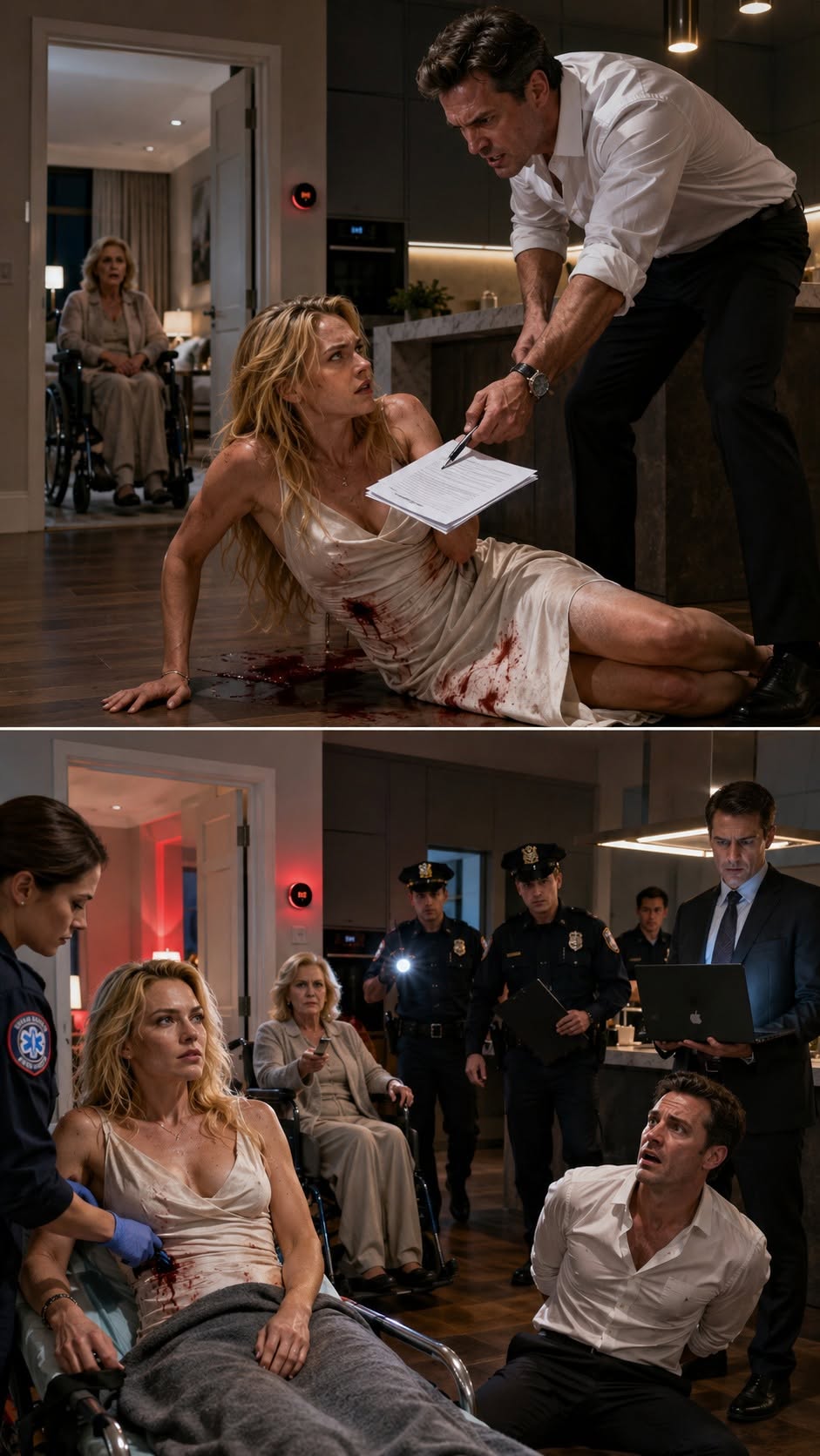He Forced His Bleeding Wife to Sign Away Her Insurance—Then Her Smart House Locked Every Door and Transmitted the Evidence**  Create a 15-second cinematic realistic video. Begin from the exact frozen moment shown in the upper frame of the reference image and continue naturally. Keep the same characters, faces, hairstyles, clothing, blood-stained cream satin dress, prepared insurance documents, silver pen, dark modern kitchen, marble island, wooden floor, wheelchair, oxygen equipment, hidden laptop, red security light, police officers, paramedic, investigator, nighttime lighting, and emotional tension consistent in every shot.  All the characters are white American, and they all speak with natural American accents. No on-screen text. The video is set inside a luxury smart apartment in Chicago, Illinois, United States. Scene transitions must be smooth, logical, and must not interrupt the continuous confrontation. No flashbacks. Everything happens continuously inside the kitchen and adjoining living room. Do not show a completed arrest, medical outcome, courtroom proceedings, insurance payout, or the full contents of the transmitted evidence.  ### Character consistency  **Chloe Bennett:** 36-year-old white American former cybersecurity engineer with long disheveled blonde hair. She wears the same torn cream satin dress stained around her side. She remains conscious on the floor, visibly injured and frightened, but her expression gradually changes into controlled determination.  **Richard Bennett:** 40-year-old white American insurance executive with thick dark hair. He wears the same wrinkled white dress shirt with rolled sleeves, black trousers, black belt, and silver wristwatch. He begins domineering and furious before rapidly becoming panicked.  **Evelyn Bennett:** Chloe’s 72-year-old white American mother with short blonde-gray hair. She wears the same beige clothing and remains seated in the wheelchair inside the adjoining room beside her oxygen equipment. She watches helplessly but remains alert.  **Lead investigator:** 42-year-old white American woman with dark hair secured in a low bun. She wears a fitted black professional suit and carries a secured laptop containing the remotely received evidence.  **Responding officers and paramedic:** Two white American male police officers in dark uniforms and one white American female paramedic wearing navy emergency clothing and blue medical gloves.  ### Dialogue lock — only these five lines  **Richard:** “Sign it, Chloe, or your mother is next.”  **Chloe:** “You should have checked who rebuilt this house.”  **House system:** “Emergency protocol initiated. Evidence transmission complete.”  **Richard:** “What did you do?”  **Chloe:** “I stopped being fragile.”  ### 0–3 seconds  Begin from the exact frozen upper-frame composition.  Chloe lies injured beside the marble kitchen island, supporting herself with one hand while Richard towers over her. He forces the silver pen toward her trembling fingers and holds the insurance transfer papers inches from her face.  His shoe presses threateningly beside her injured side without showing graphic penetration or additional visible injury.  Evelyn watches from the doorway in her wheelchair, frozen with fear.  Richard leans down, locks eyes with Chloe, and says:  **Richard: “Sign it, Chloe, or your mother is next.”**  The camera pushes rapidly toward Chloe’s face as fear gives way to sudden focus.  ### 3–6 seconds  Chloe deliberately lets the pen fall.  While Richard looks down at the unsigned document, she reaches beneath the lower cabinet and presses a concealed keyboard command on the hidden laptop.  A metallic sequence echoes through the apartment as every smart lock engages.  Chloe looks directly at Richard and whispers:  **Chloe: “You should have checked who rebuilt this house.”**  Richard jerks his head toward the doors as the kitchen lighting begins changing from warm amber to deep emergency red.  ### 6–9 seconds  The red security lights fully activate.  The blinds close automatically, the entrance bolts lock, and several hidden cameras rotate toward Richard with small mechanical movements.  A calm synthetic voice fills the apartment:  **House system: “Emergency protocol initiated. Evidence transmission complete.”**  Richard lunges toward the concealed laptop, but Chloe pulls the small keyboard farther beneath the cabinet with her fingertips.  Do not show readable computer text or any real medical-device controls.  ### 9–12 seconds  Red and blue police lights begin flashing through the windows.  Richard steps backward, his face losing all confidence as he hears officers striking the locked entrance door.  He looks from Chloe to the hidden cameras and demands:  **Richard: “What did you do?”**  Evelyn raises her emergency remote with a trembling hand while the front lock releases only for authorized responders.  The apartment door starts opening behind Richard.  ### 12–15 seconds  The female paramedic enters first and moves decisively toward Chloe.  Two officers follow, commanding Richard backward without yet handcuffing him.  The lead investigator steps through the doorway holding an open laptop displaying blurred evidence thumbnails with no readable text.  Chloe is carefully lifted into a seated medical position. She maintains eye contact with Richard and says:  **Chloe: “I stopped being fragile.”**  End on Richard dropping the unsigned insurance papers as one officer steps between him and Chloe, while the investigator turns the laptop toward him.  Cut to black before any arrest, evidence explanation, or final legal resolution.  Vertical 9:16, 15 seconds, Netflix-grade American domestic thriller, 8K HDR, photorealistic realism, dark elegant nighttime cinematography, intense red emergency lighting, shallow depth of field, fine film grain, realistic skin textures, highly readable facial expressions, controlled handheld movement, decisive actions, natural breathing, restrained pain reactions, accurate American-English lip sync, and correct eye-lines.  Stable faces, stable hairstyles, identical clothing, consistent blood placement, unchanged wheelchair, oxygen equipment, insurance papers, pen, laptop, kitchen layout, furniture, doors, cameras, and lighting progression. Natural hands, accurate fingers, realistic body mechanics, no excessive gore, no new wounds, no actual pacemaker manipulation, no readable screen text, no completed arrest, no duplicated characters, no flickering, no morphing objects, no disappearing props, no warped bodies, no subtitles, no random text, and no watermark.  **Slug: Injured Cybersecurity Expert Locks Her Husband Inside Their Chicago Smart Home After He Forces Her to Sign a Ten Million Dollar Insurance Transfer**