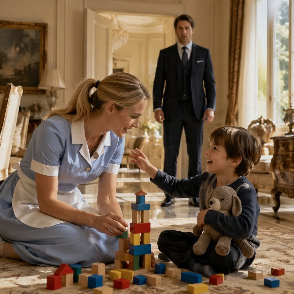 A substitute maid gently reaches a widowed CEO’s silent young son, but the father returns early and freezes when the child speaks a full desperate sentence asking him not to send her away.