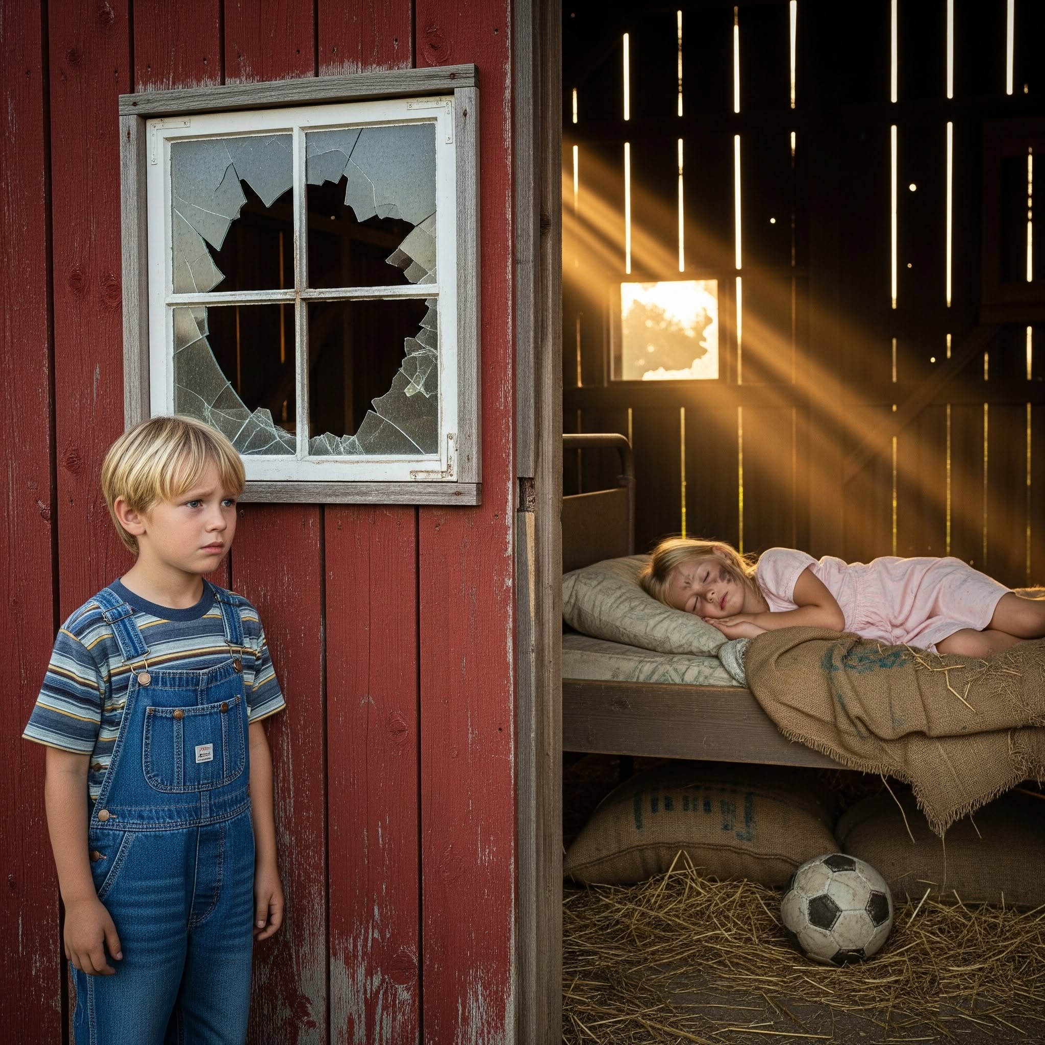 Farm Boy Kicks His Soccer Ball Into a Forbidden Barn and Finds a Little Girl Hidden Behind the Hay