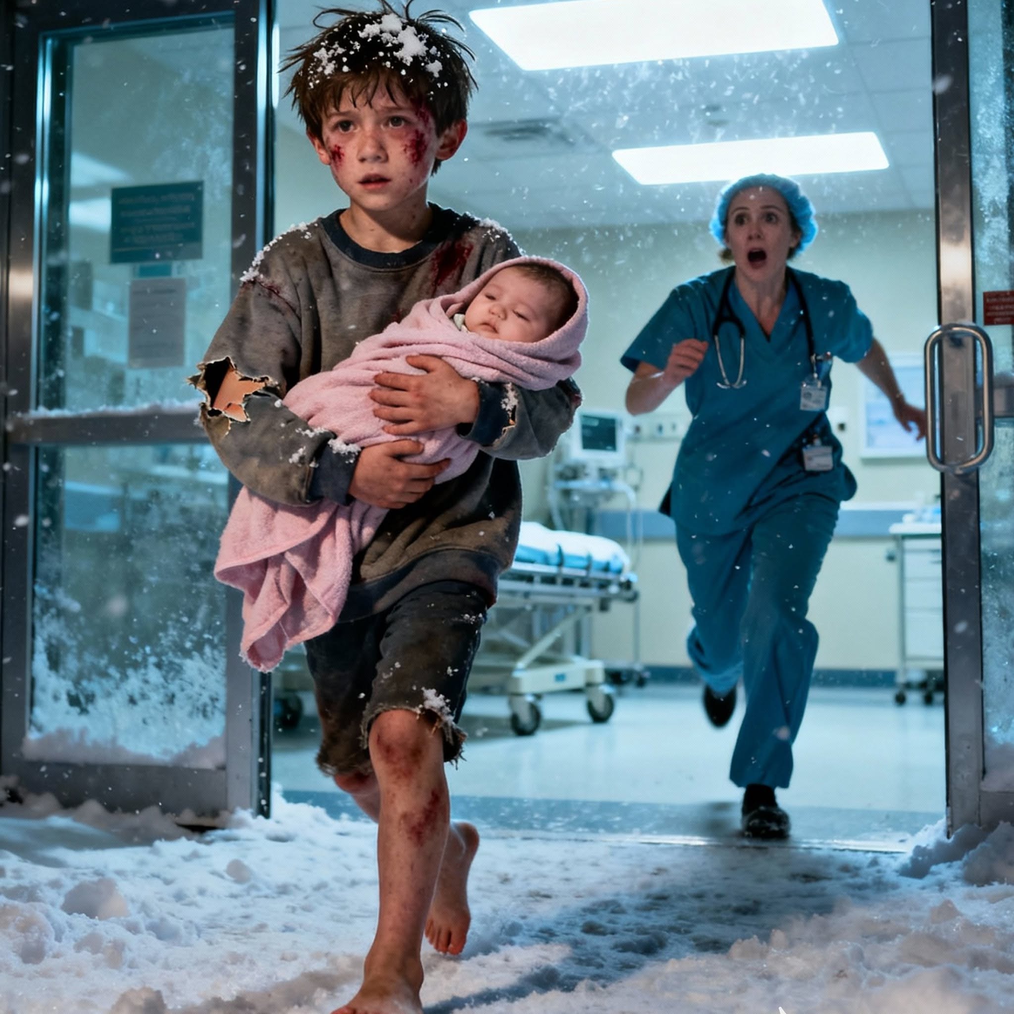 Bruised Seven-Year-Old Carries His Baby Sister Through a Snowstorm to the ER—Then Freezes When Headlights Appear Outside.