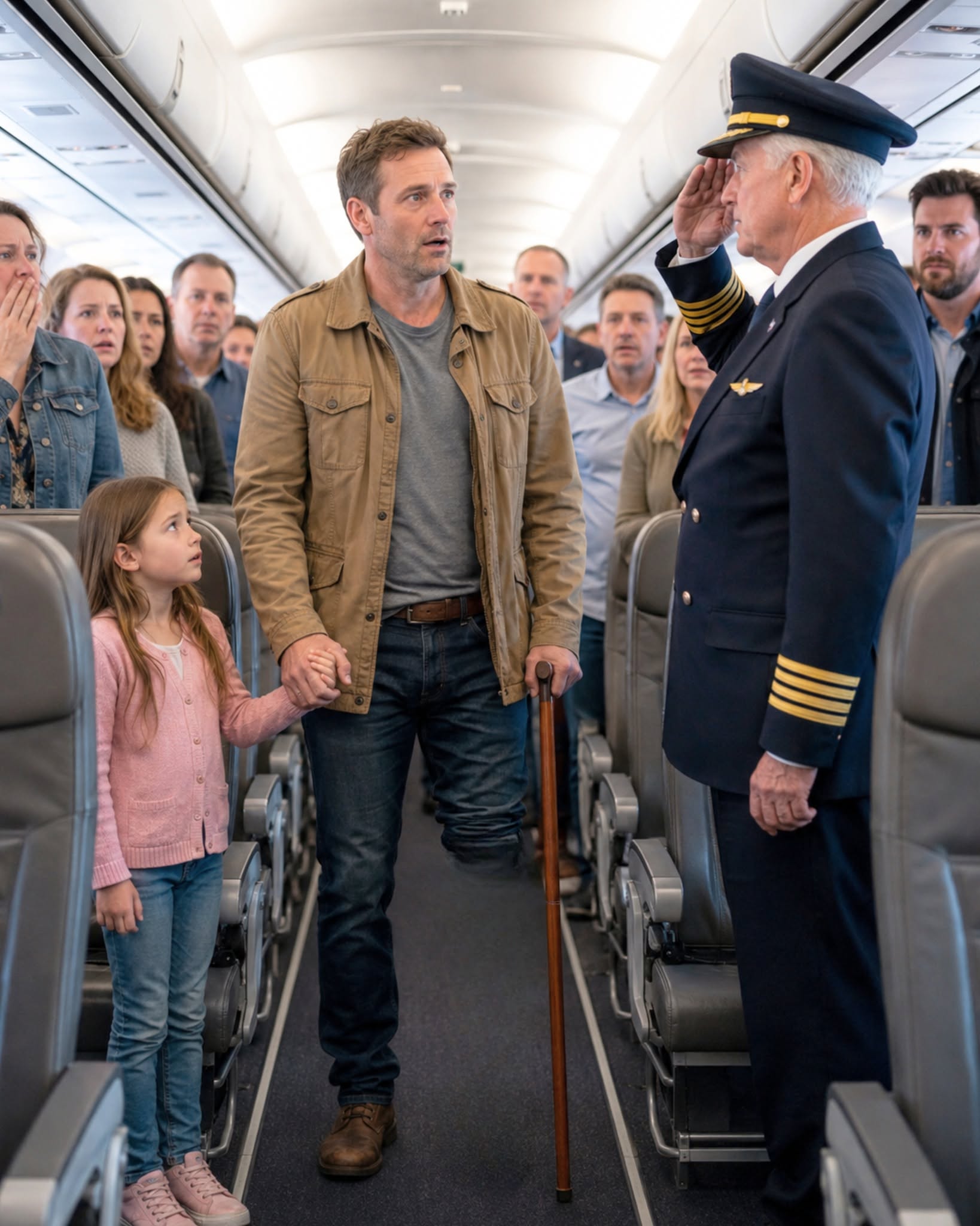 Disabled Veteran and His Seven-Year-Old Daughter Are Ordered Out of First Class—Then the Captain Sees His Name and Salutes in Front of the Entire Plane