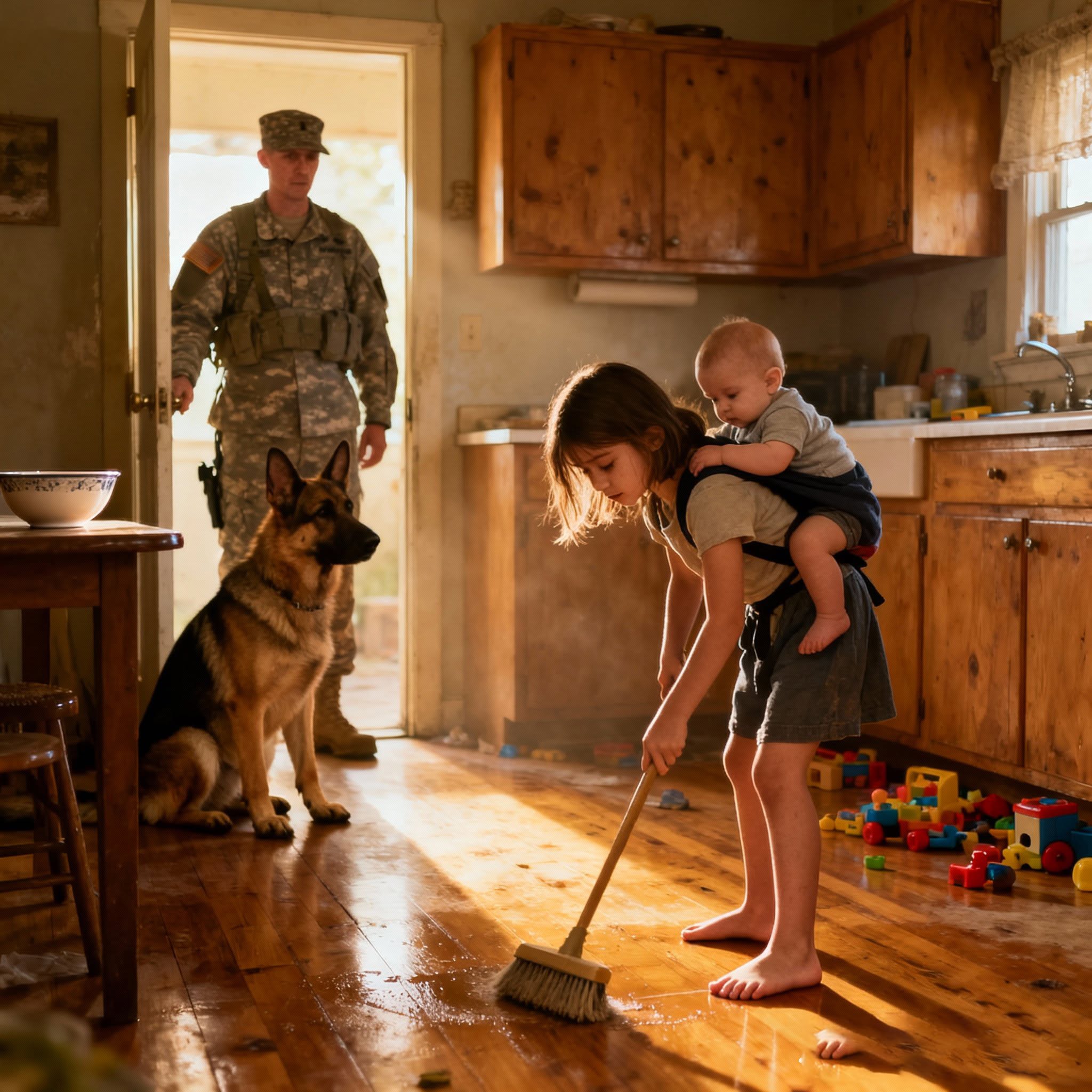 Soldier Returns Home to Find His Daughter Raising Her Brother Alone—Then Their Guard Dog Warns Someone Has Come Back.