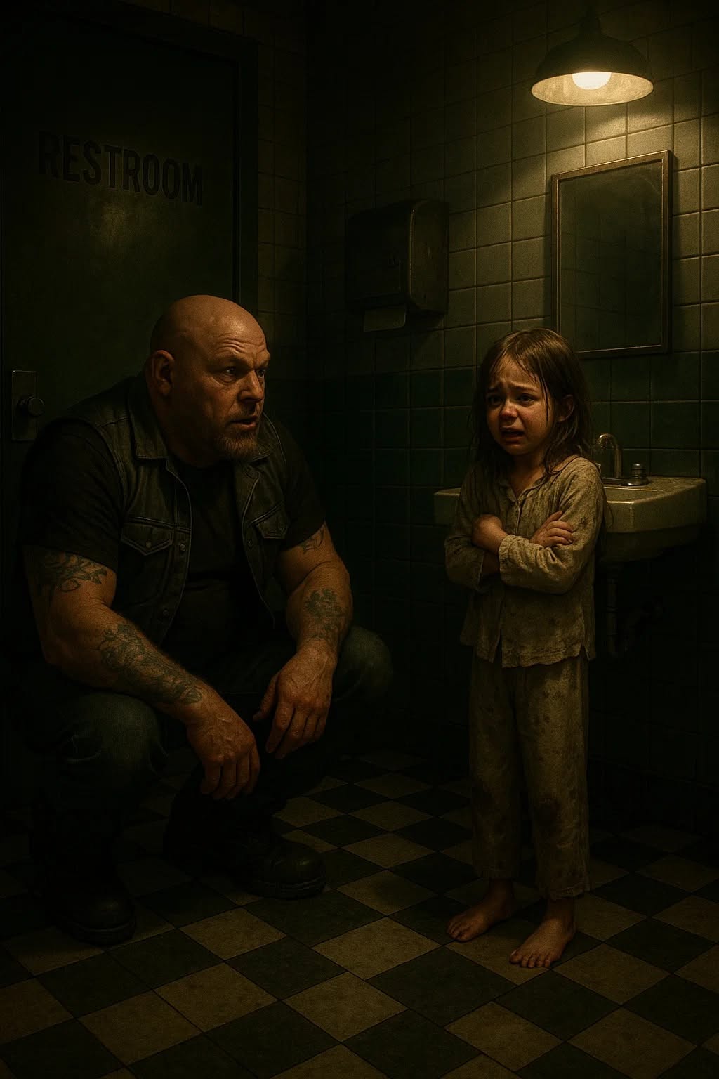 Terrified Little Girl Hides in a Diner Restroom Until a Biker Hears Who Is Searching for Her