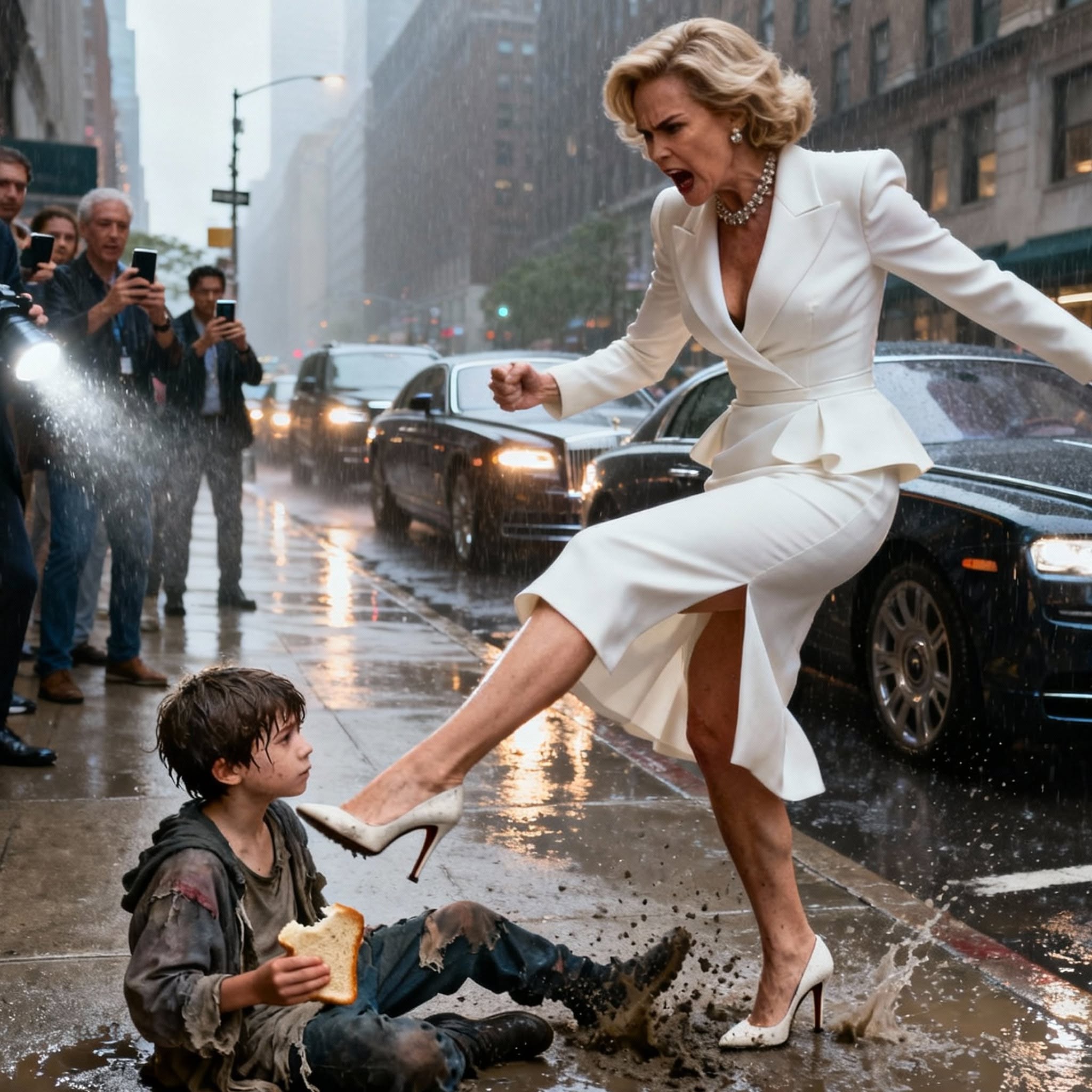 Billionaire Shoves a Hungry Boy Into a Rainy Puddle—Then the Birthmark on His Wrist Stops Her Cold.