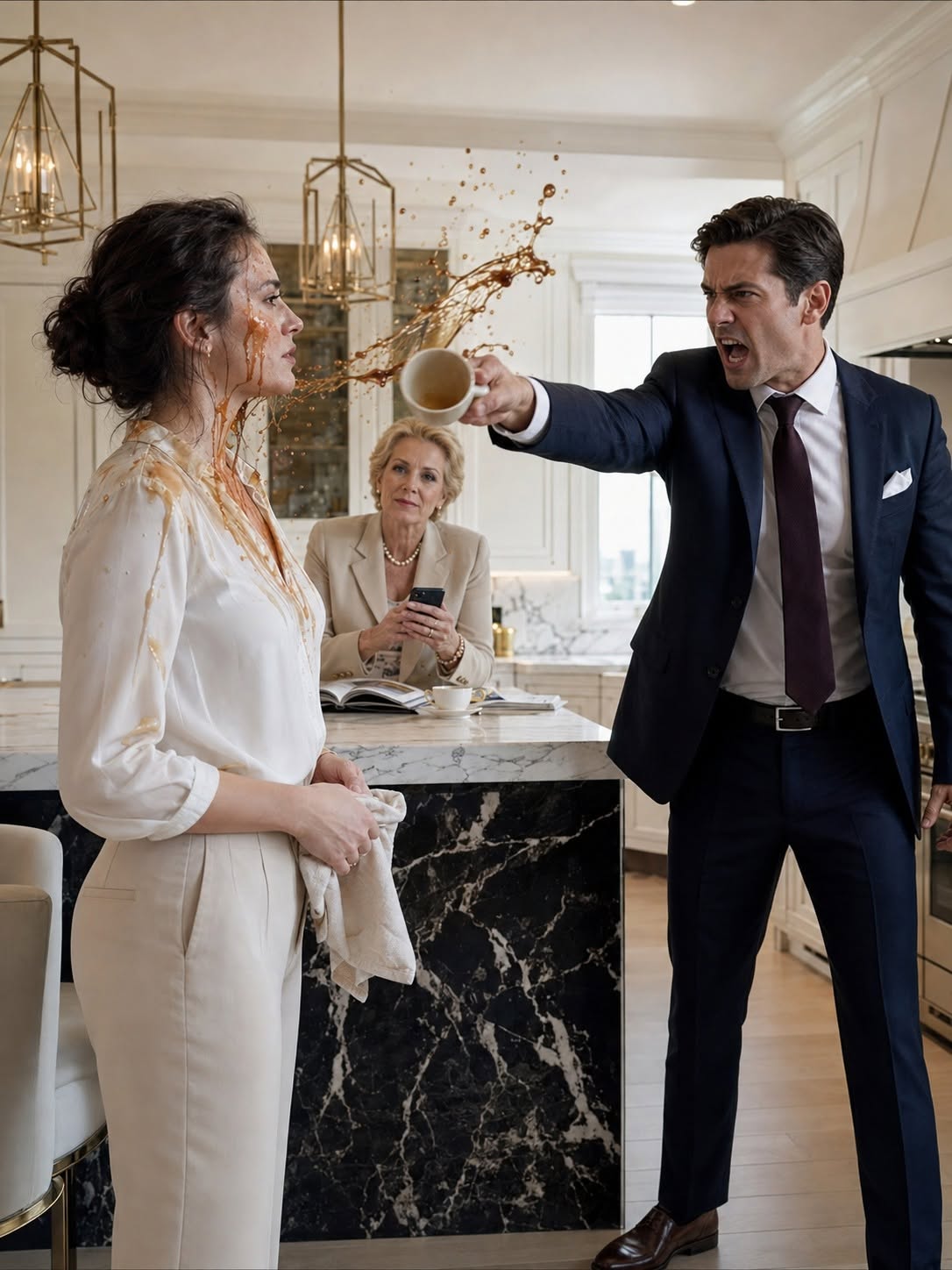 My husband threw scalding tea at me and ordered me out—the next morning, I showed him who actually owned the house