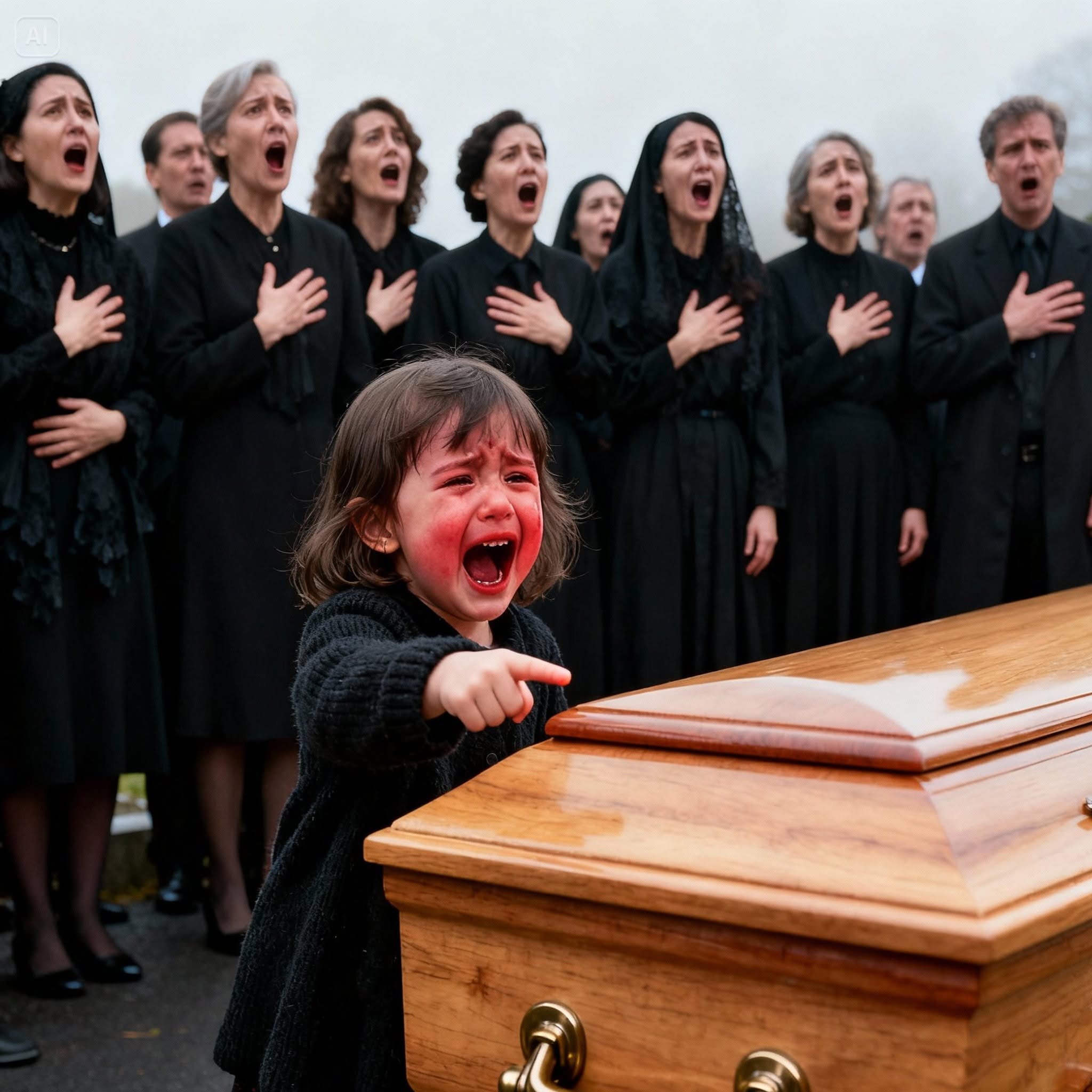 Toddler Points at Her Father’s Coffin During His Funeral—Then Desperate Knocking and One Muffled Voice Freeze the Entire Chapel.