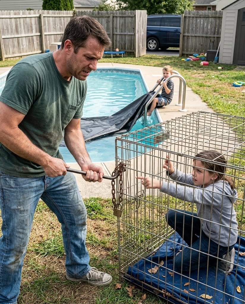 A father found his daughter locked in a dog cage—then she pointed to the pool and whispered that her little brother was still under the cover