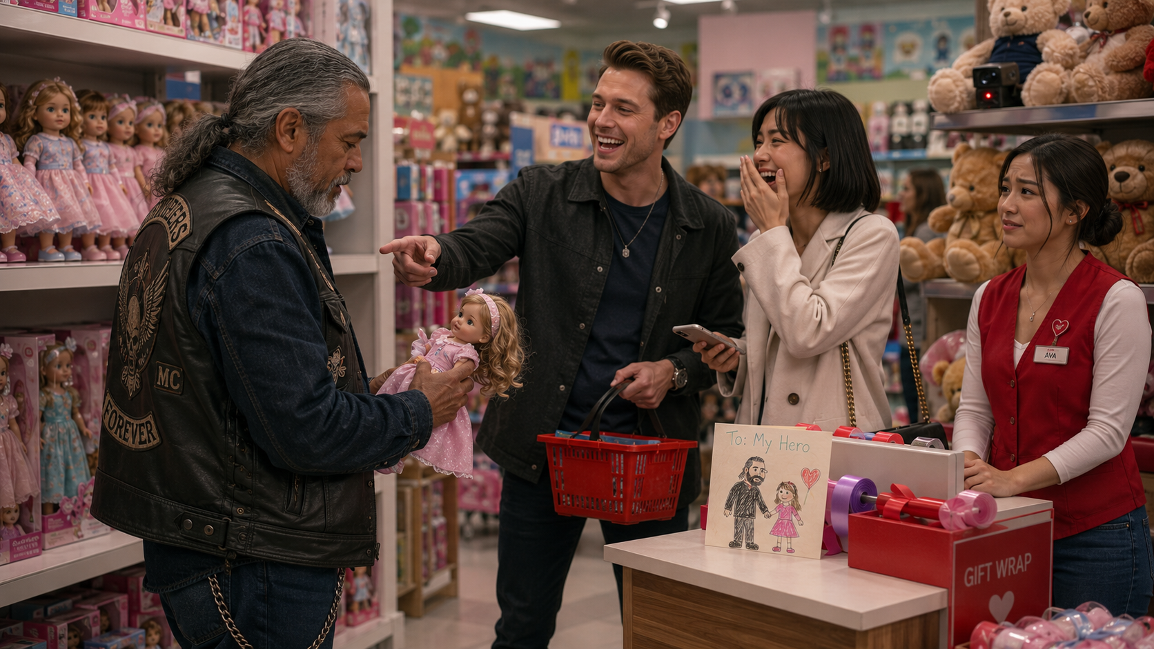 “They laughed at the biker buying a doll… then the card explained why.”