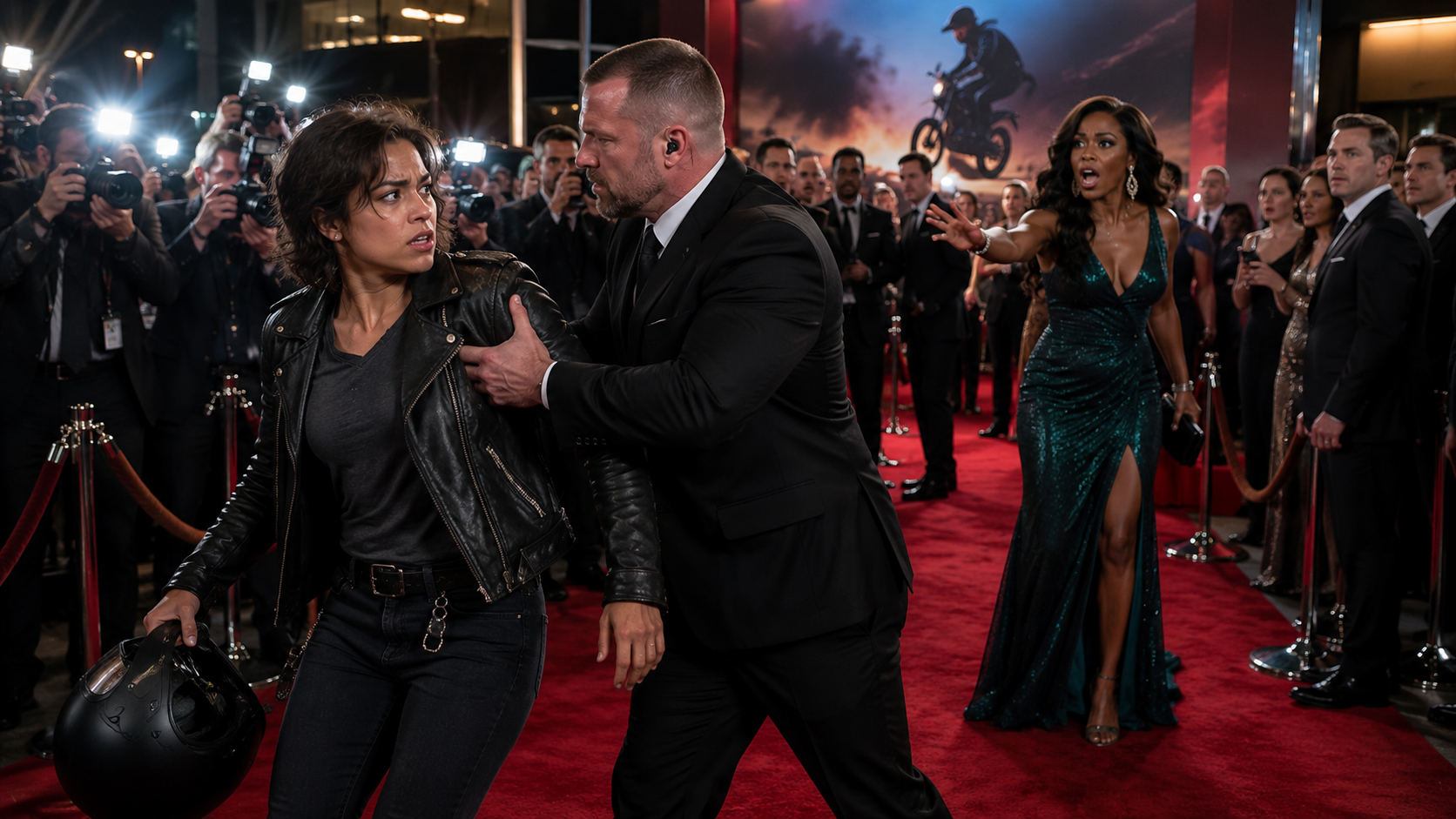 “They shoved the young biker off the red carpet… then the actress called her name.”