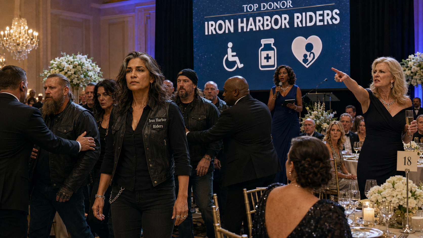“They dragged the biker crew out of the charity gala… then their names filled the donor screen.”