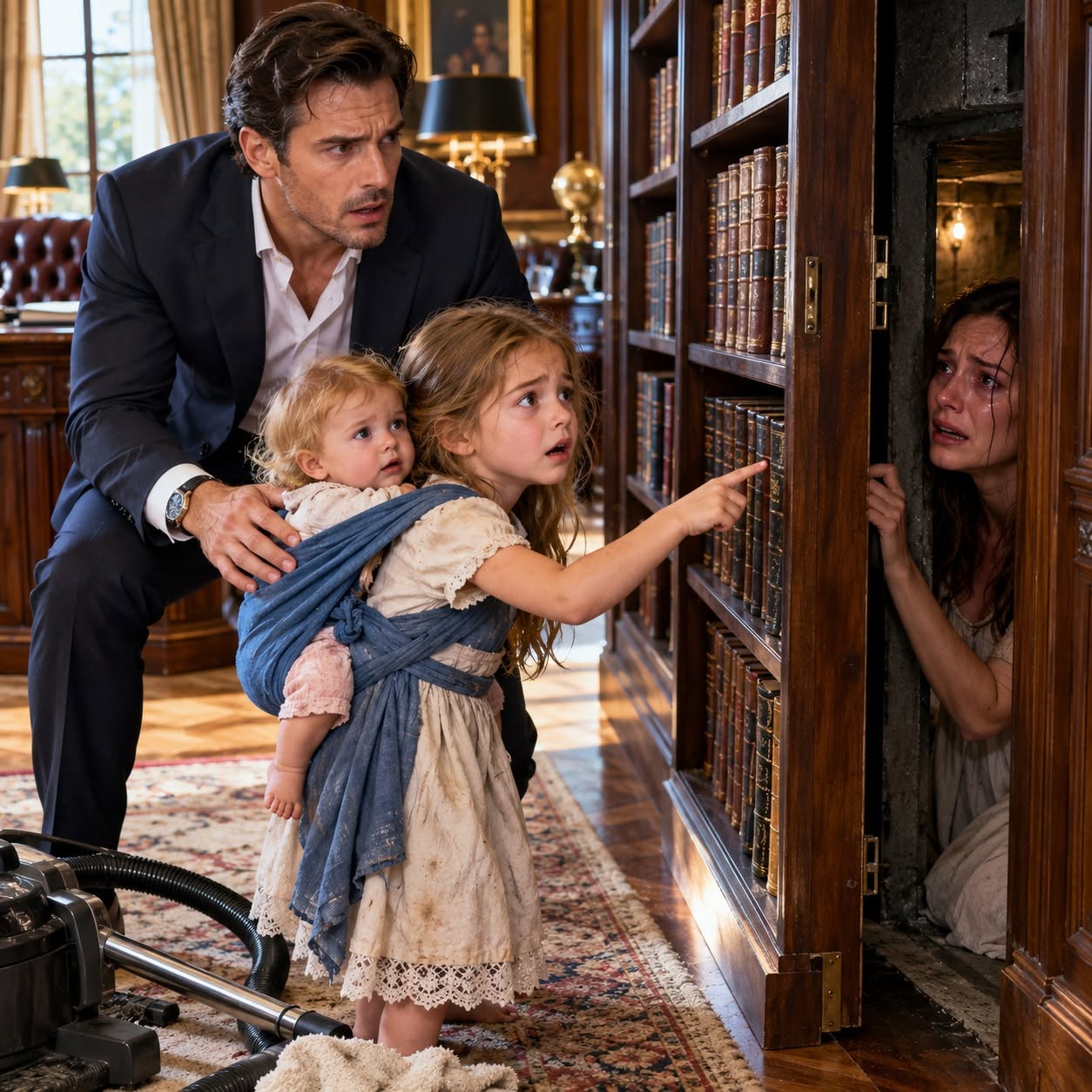 At 1:47 a.m., I caught my housekeeper’s six-year-old with her baby sister strapped to her back, secretly cleaning my forbidden study.