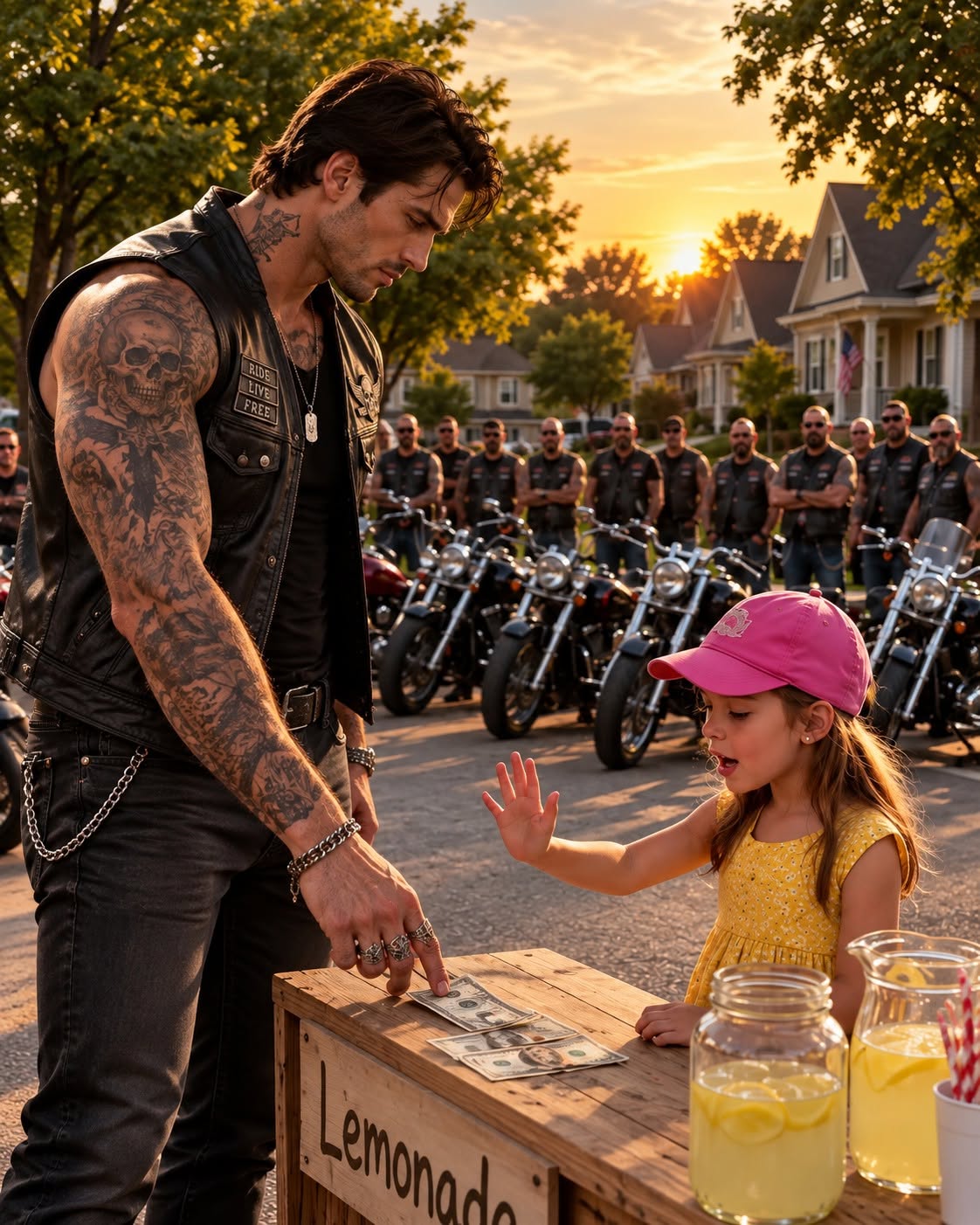 When 13 leather-clad bikers pulled up to a little girl's lemonade stand, the neighbors panicked—until the president pulled out $500 for a single cup.