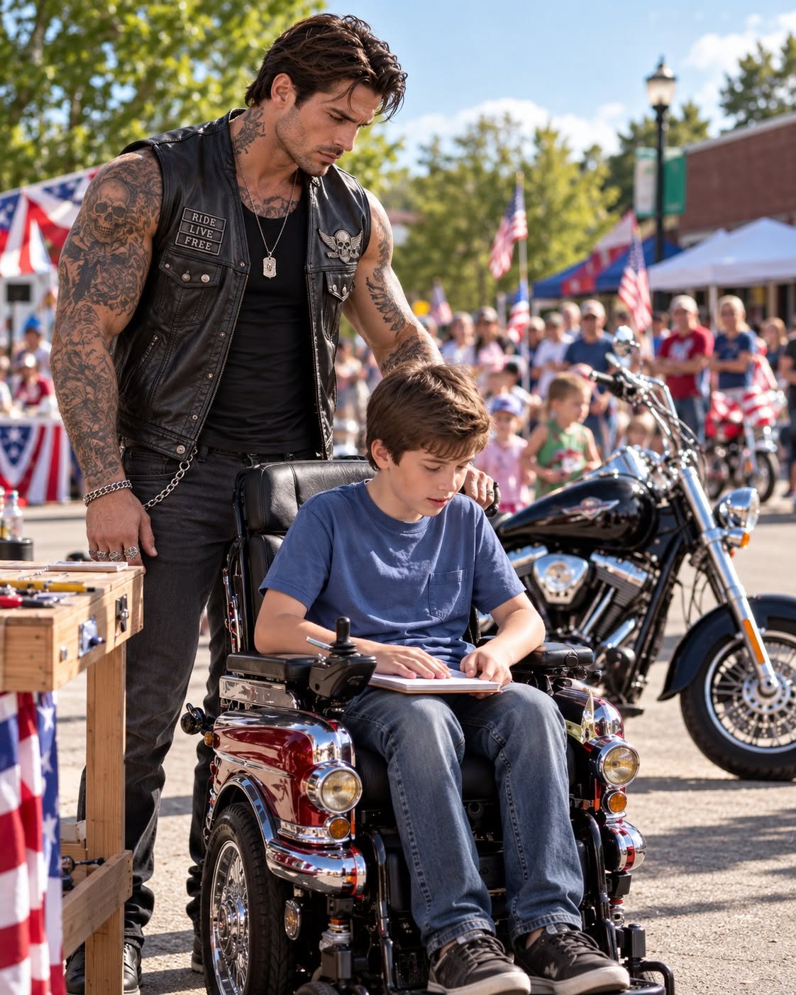 An eleven-year-old in a wheelchair asked if he counted for the town parade, and a 69-year-old biker gave the ultimate response.