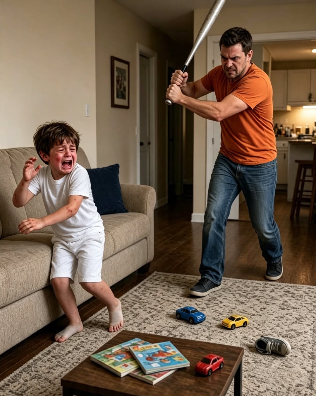 My four-year-old son called from home whispering that his mother's boyfriend hit him with a baseball bat, right before a man's voice roared in the background.