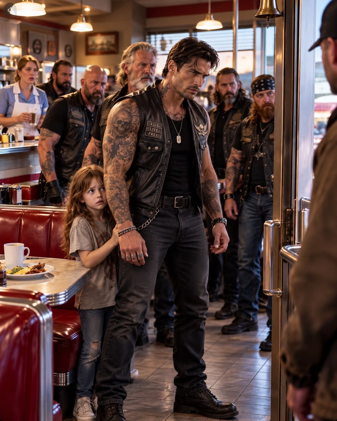 A seven-year-old girl walked past an entire diner and chose six burly bikers as her only protection.