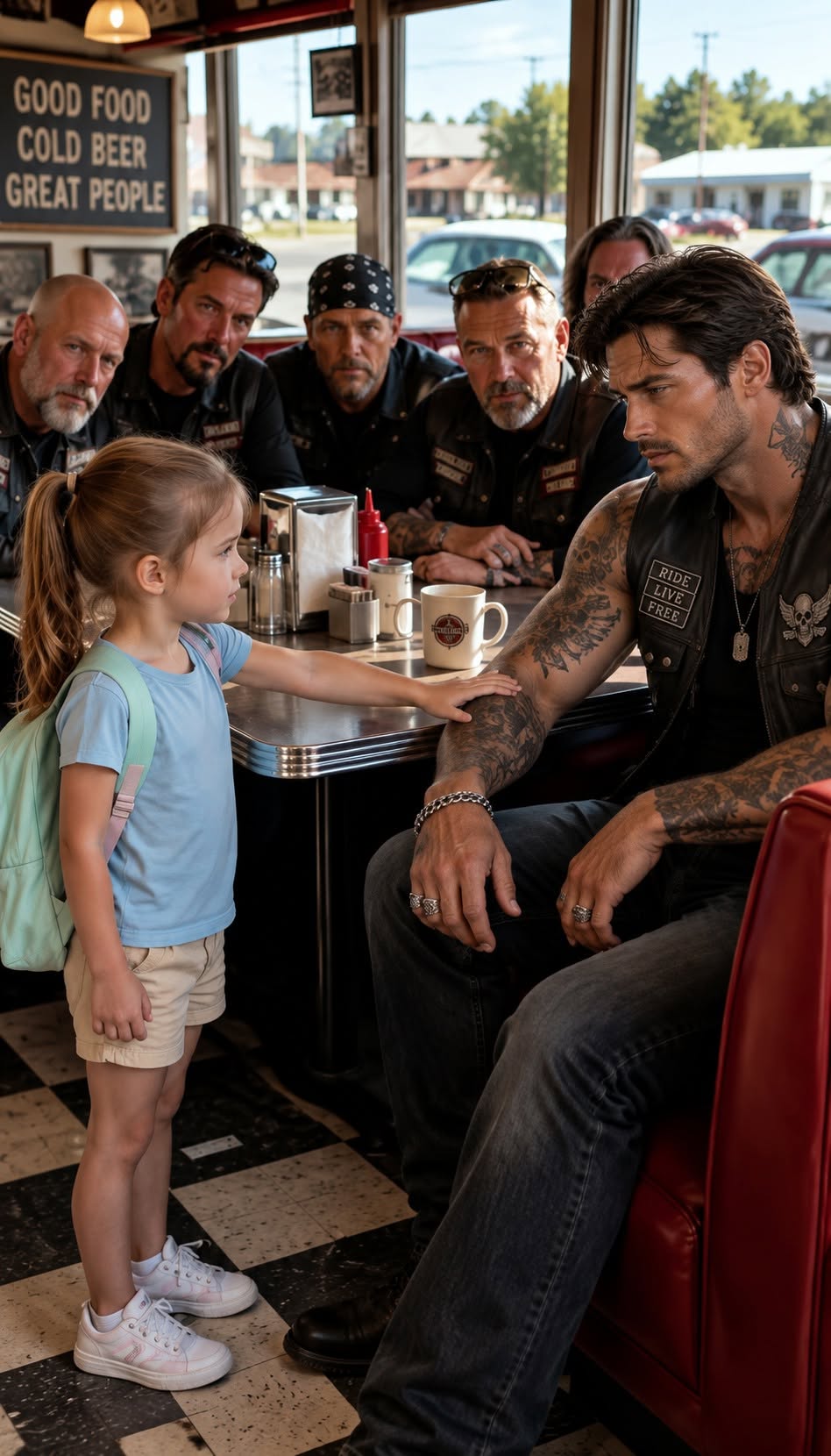 A nine-year-old girl walked into our diner and pointed at my raven tattoo, whispering six words about her dead father that stopped my breathing.