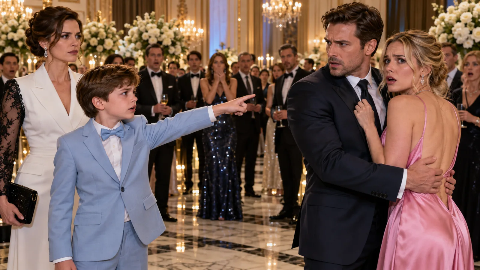 The nine-year-old boy looked at his father in front of the entire ballroom and asked eight words that stopped the party cold.