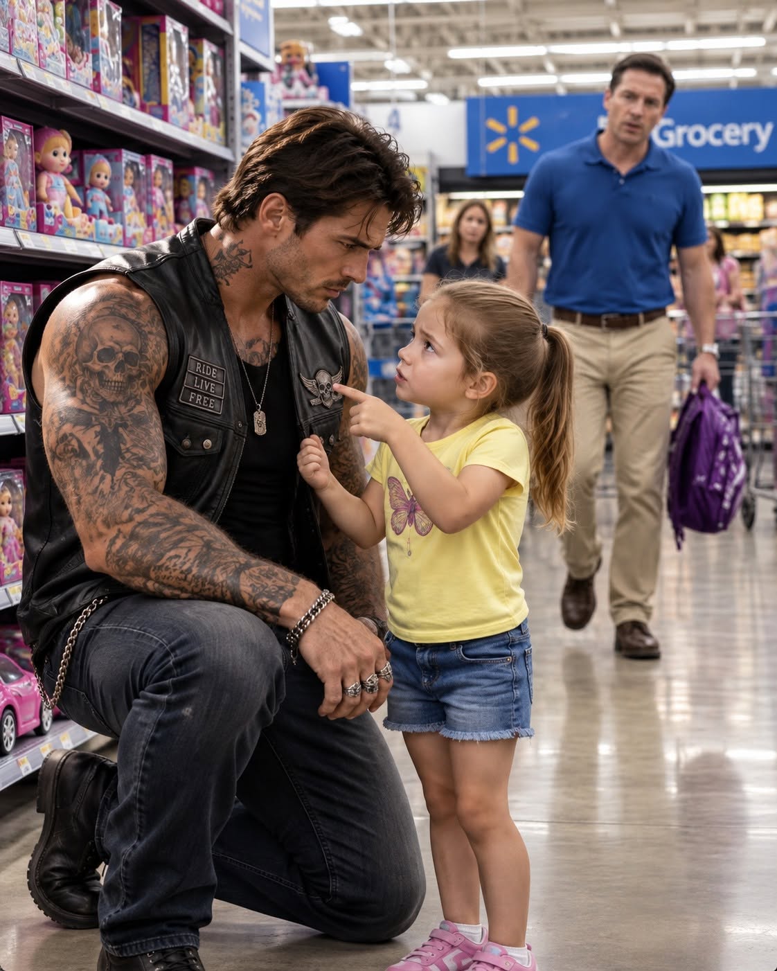 A six-foot-five biker was shopping at Walmart when a silent little girl crashed into him and signed a warning about the man following her.
