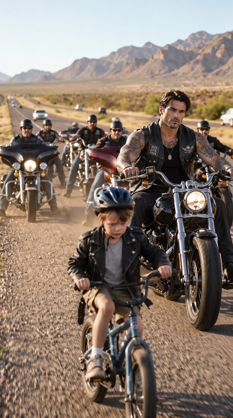 A little boy pedaled his tiny bicycle through the desert heat just to catch a gang of nine terrifying bikers.