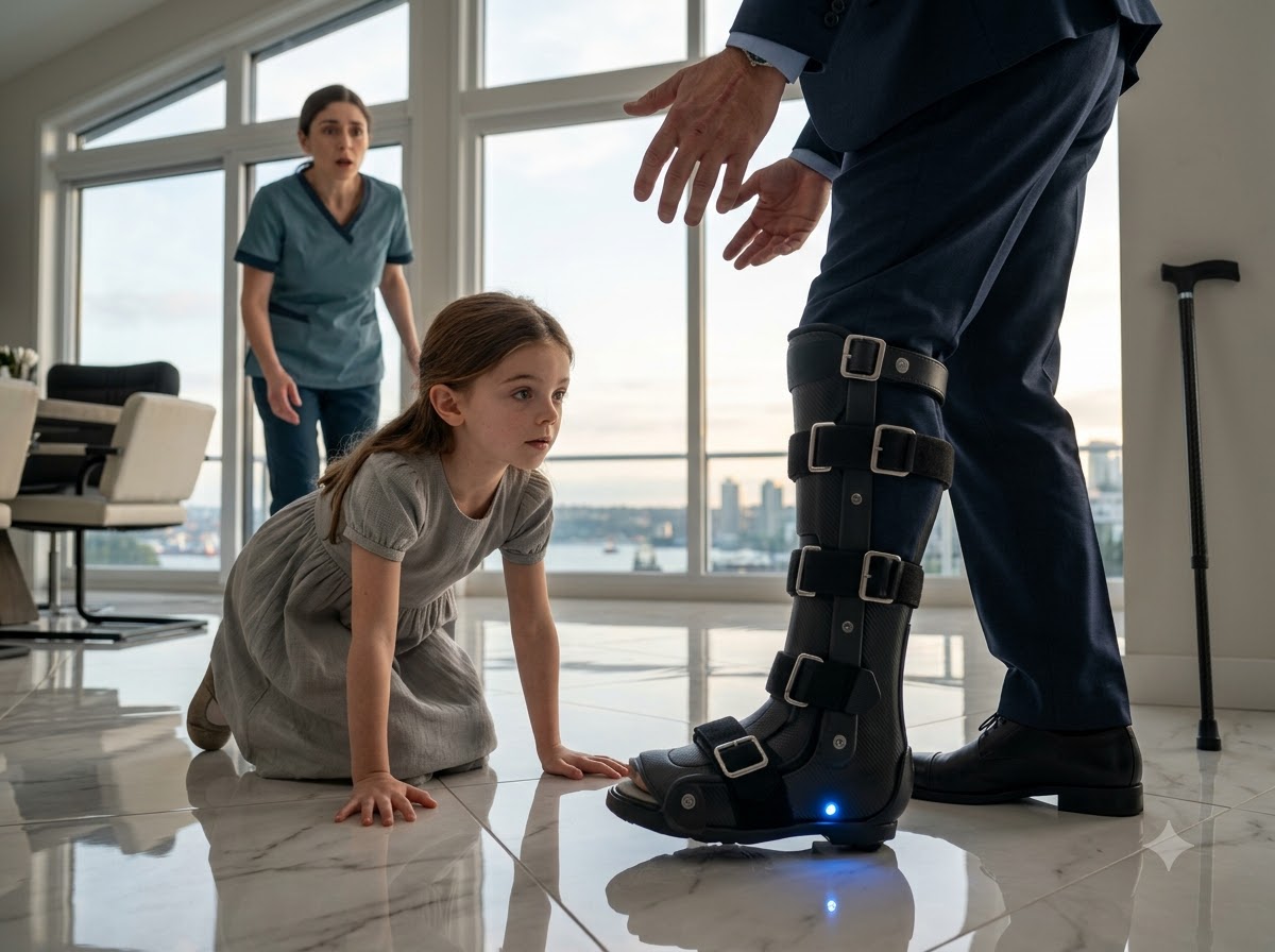 A Four-Year-Old Girl Said the Silver Tab on My Leg Brace Was Backward — Then She Pointed at the Man Managing My Company Since My Accident