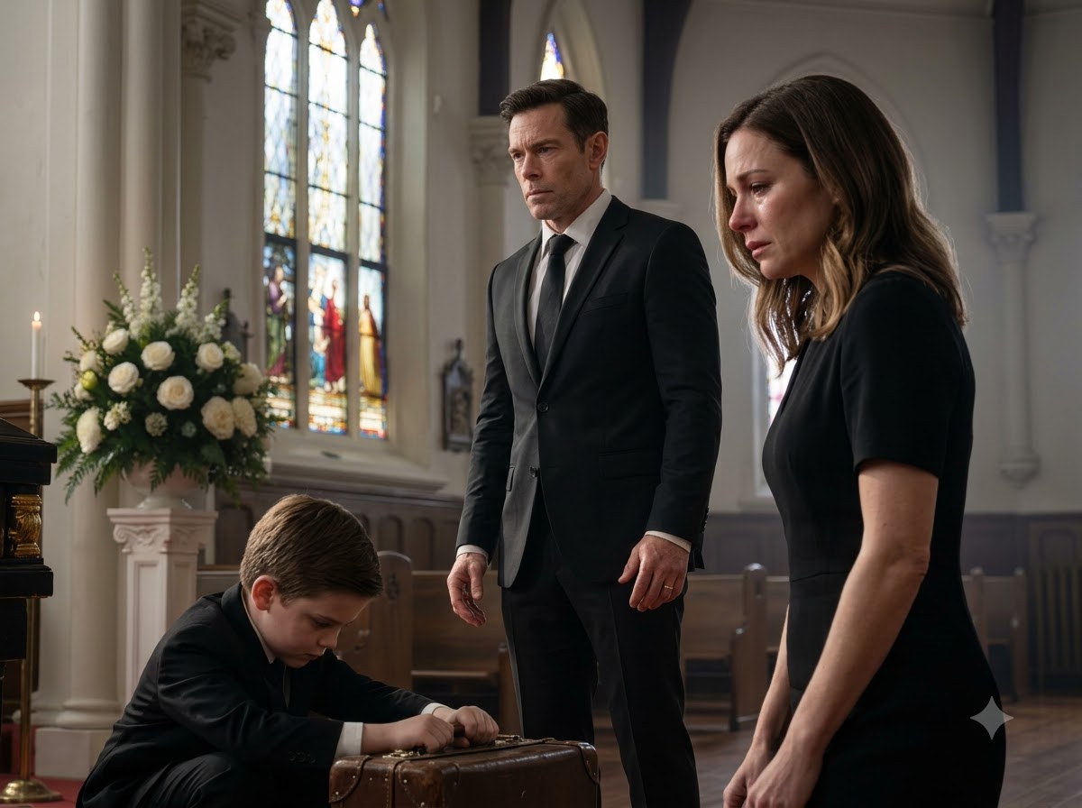 AT MY HUSBAND’S FUNERAL, MY SIX-YEAR-OLD PULLED A LOCKED SUITCASE FROM UNDER THE COFFIN—THEN HIS UNCLE TRIED TO STOP ME OPENING IT